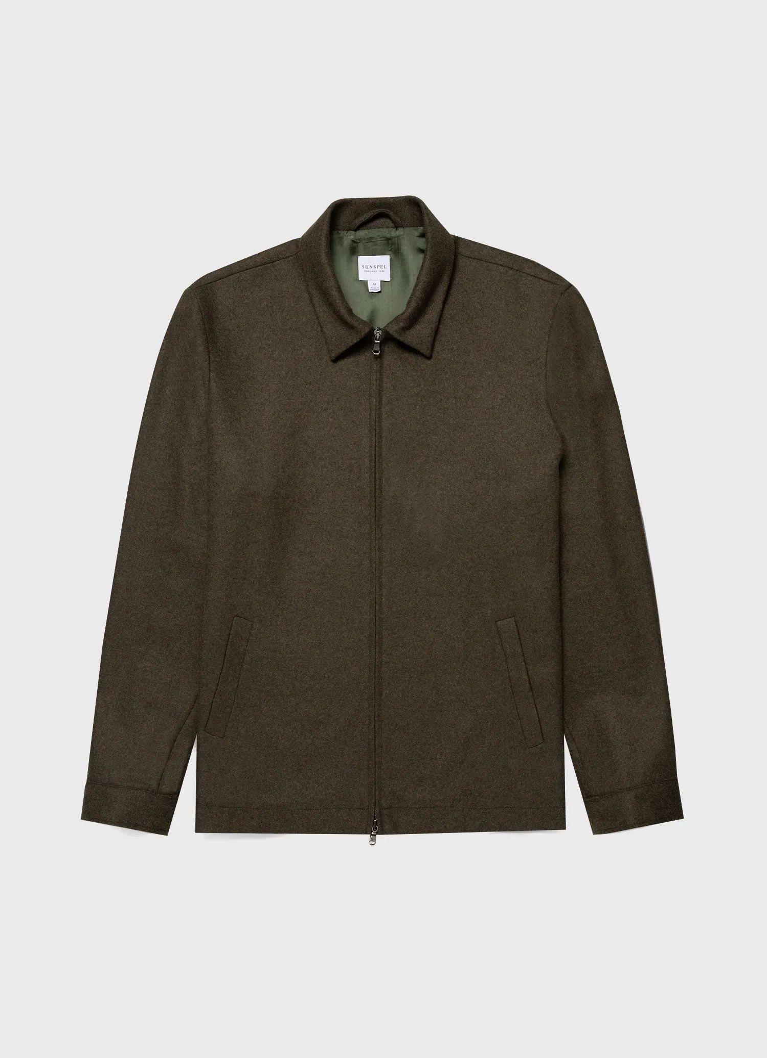 Men's Boiled Wool Zip Jacket in Dark Khaki sold by Sunspel