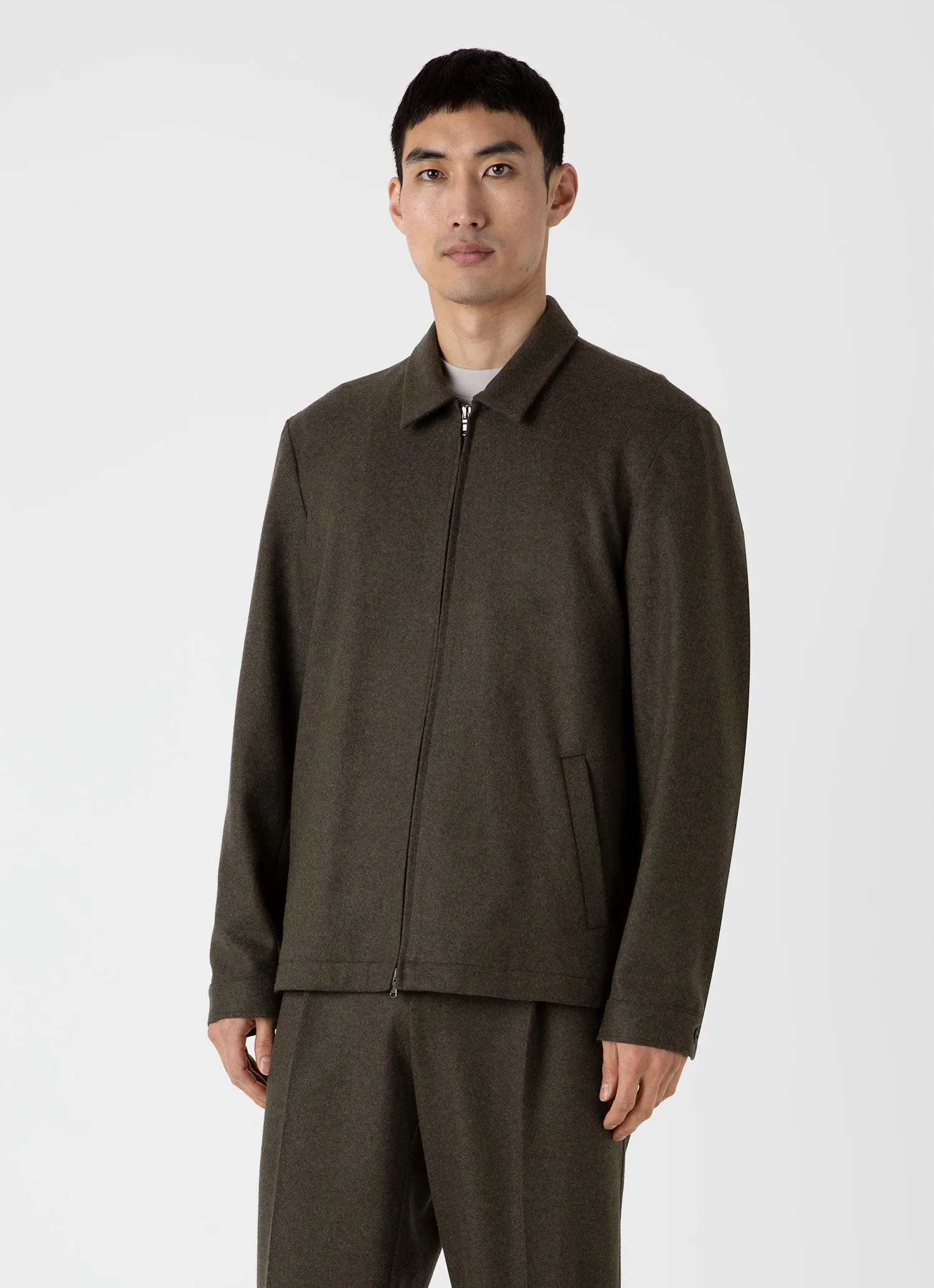 Men's Boiled Wool Zip Jacket in Dark Khaki sold by Sunspel product image thumbnail 2