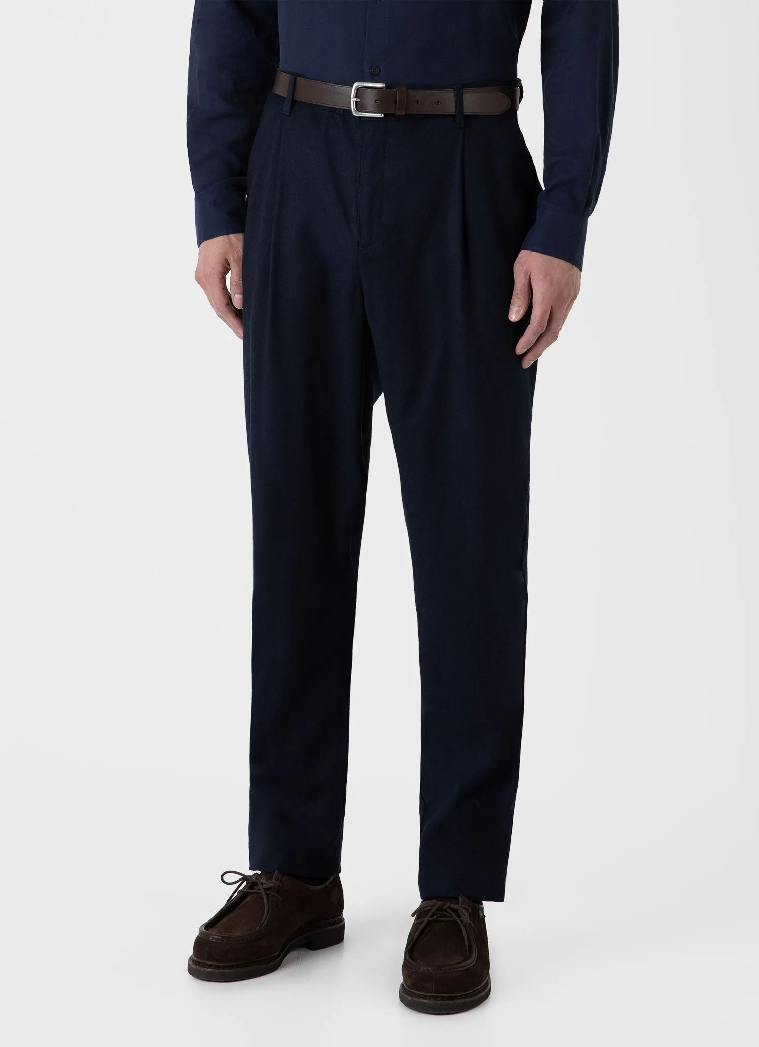 Men's Pleated Wool Flannel Trouser in Navy Melange sold by Sunspel product image thumbnail 2
