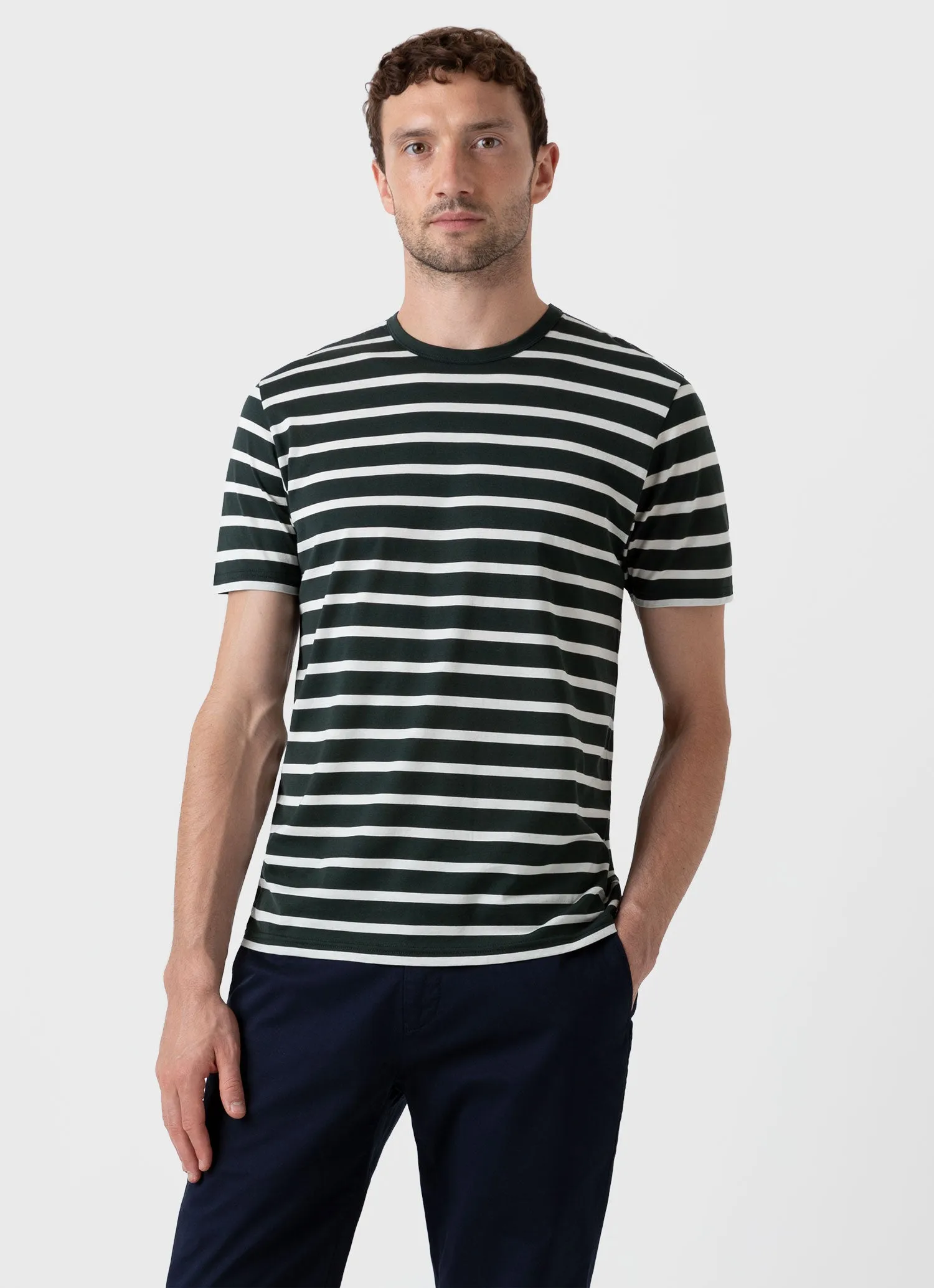 Men's Classic T-shirt in Seaweed/Ecru Breton Stripe sold by Sunspel product image thumbnail 2