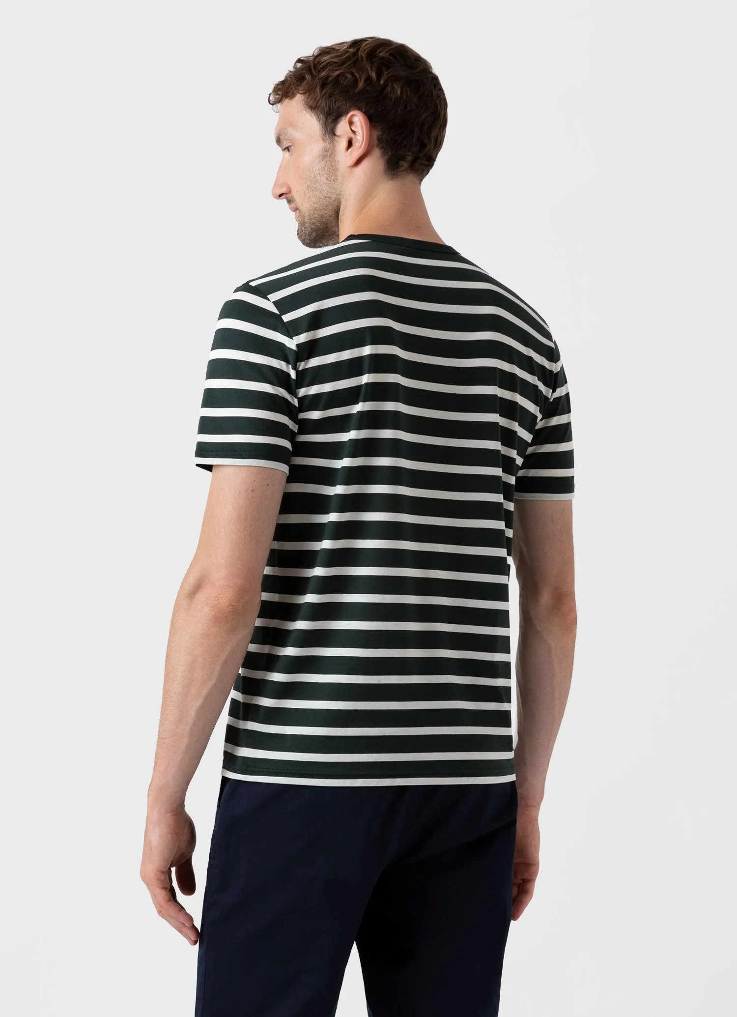 Men's Classic T-shirt in Seaweed/Ecru Breton Stripe sold by Sunspel product image thumbnail 4