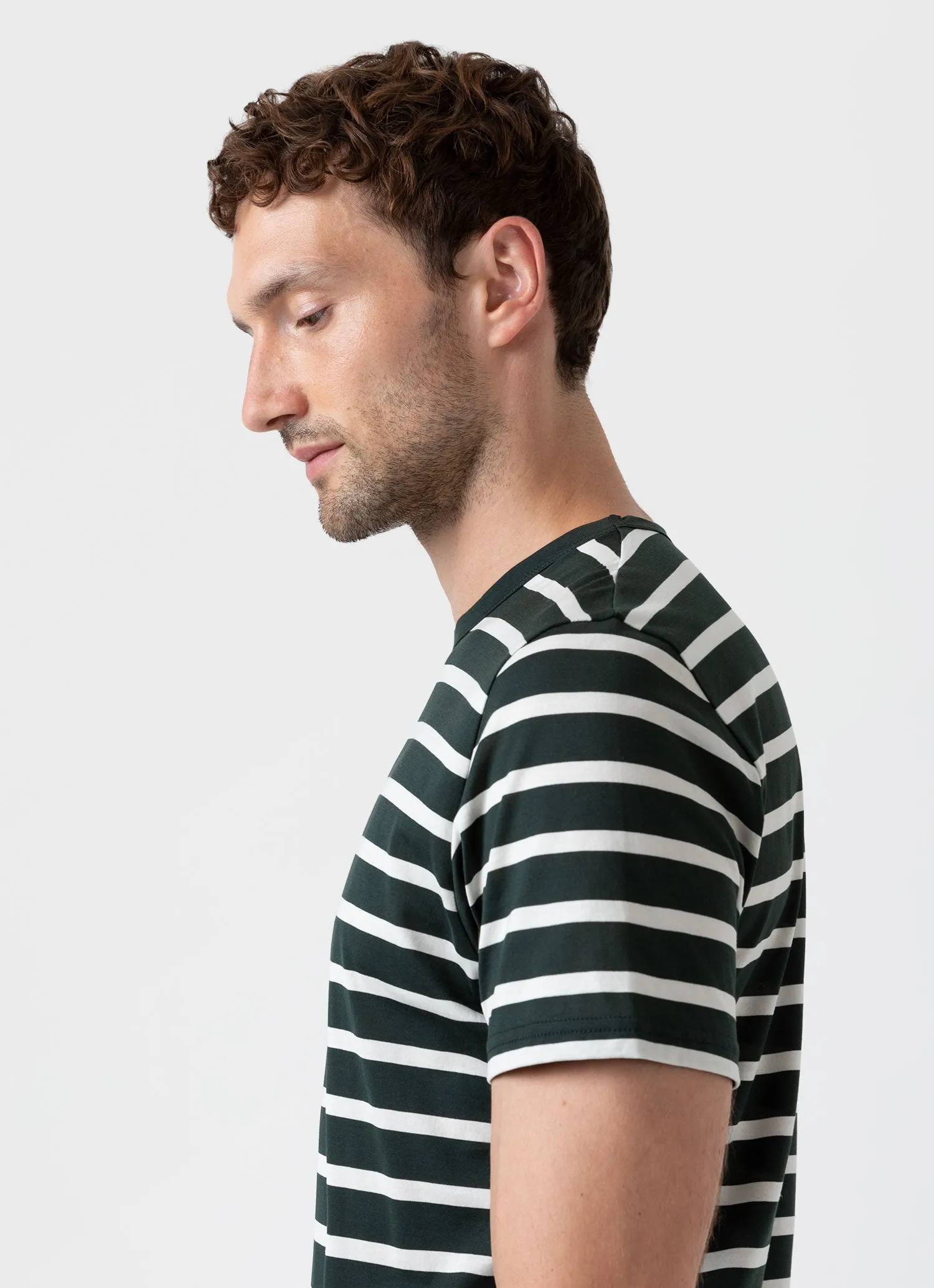 Men's Classic T-shirt in Seaweed/Ecru Breton Stripe sold by Sunspel product image thumbnail 5