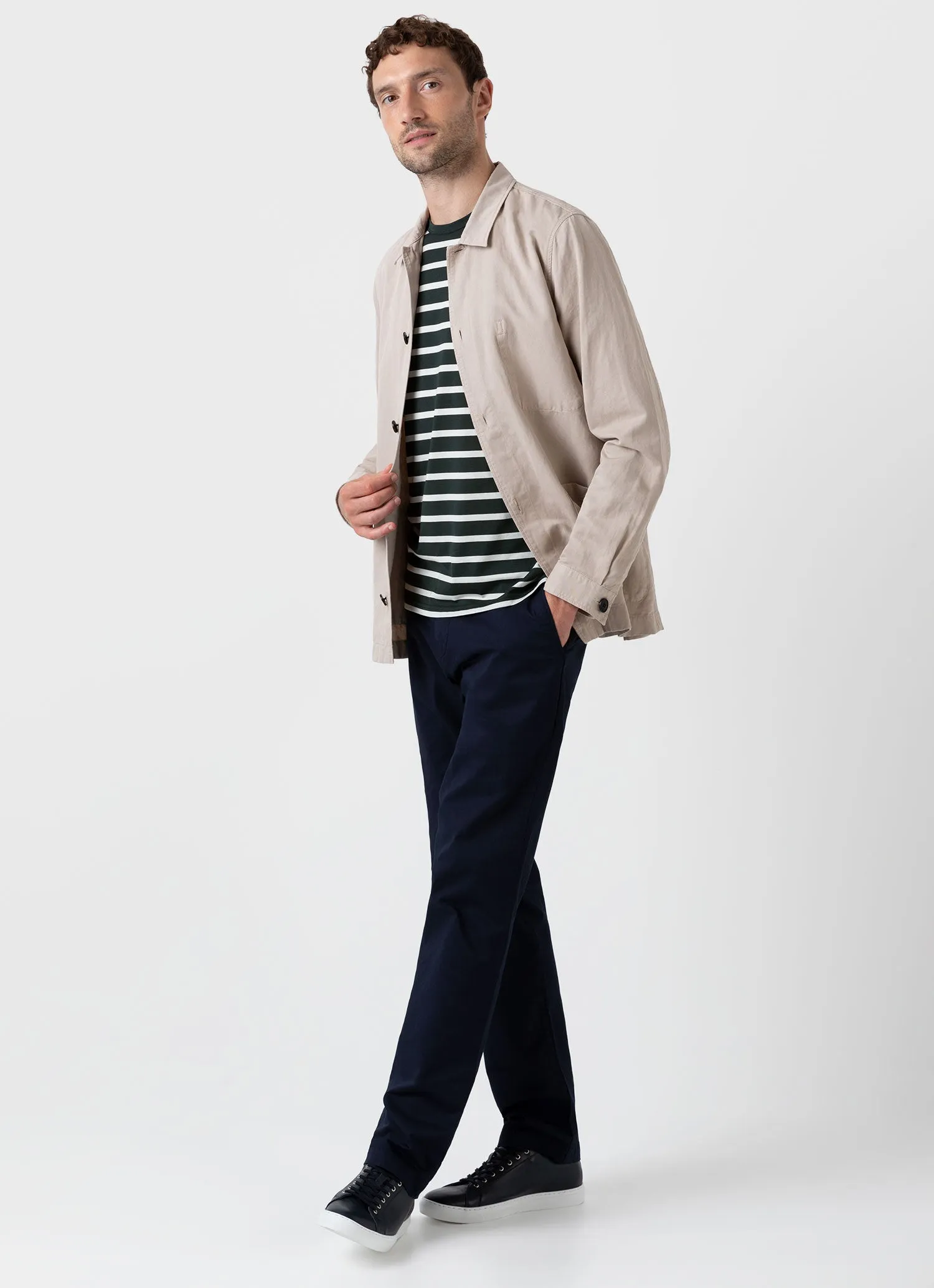 Men's Classic T-shirt in Seaweed/Ecru Breton Stripe sold by Sunspel product image thumbnail 3