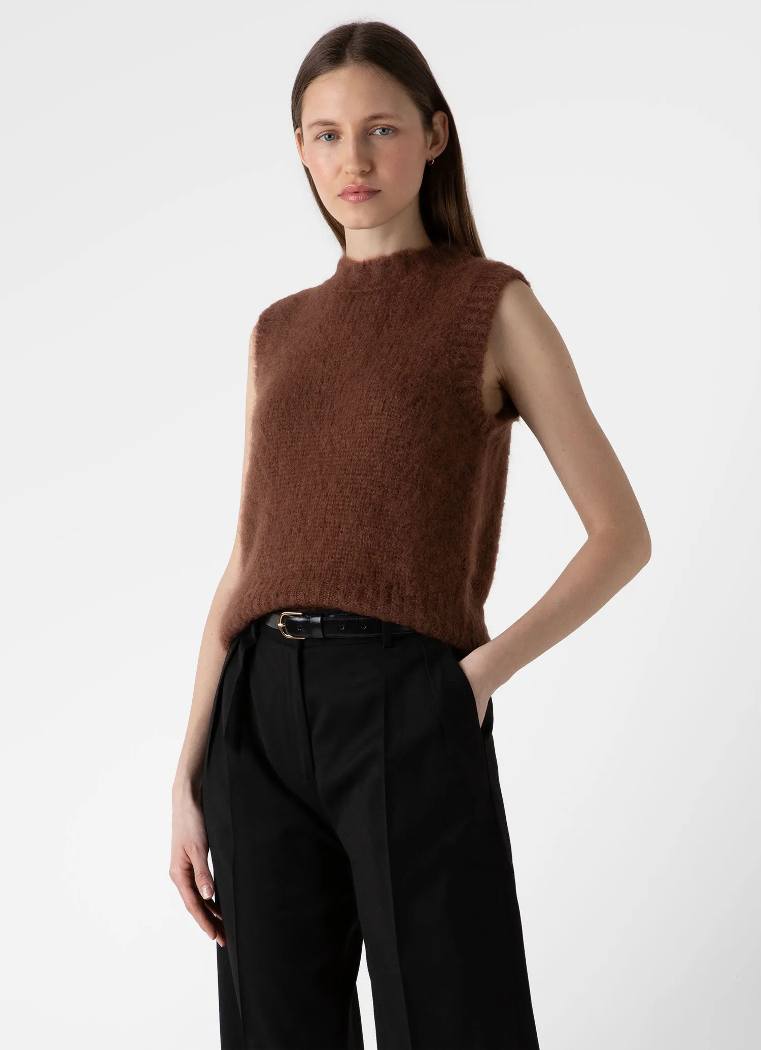 Women's Mohair Vest in Mid Camel sold by Sunspel