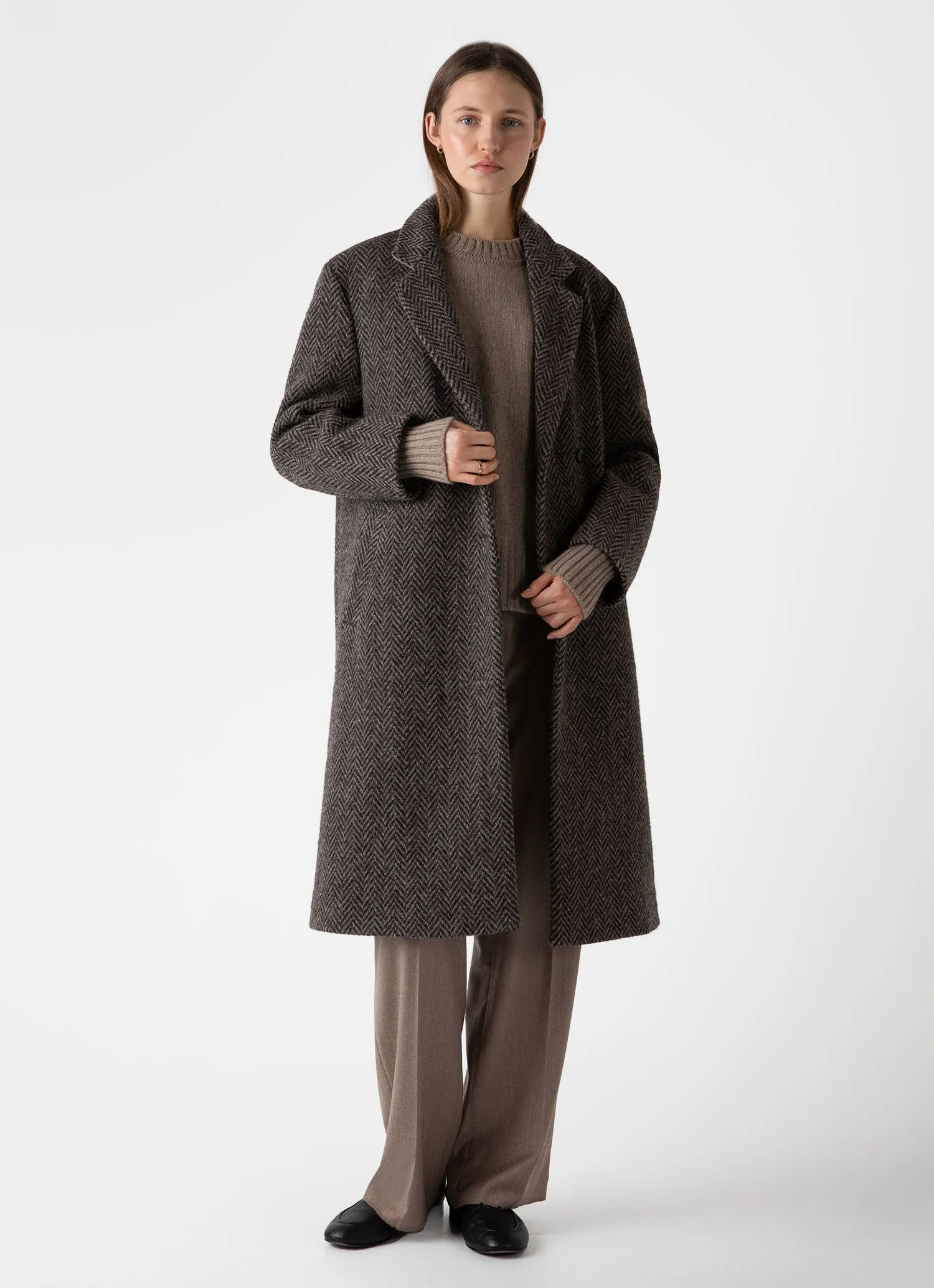 Women's British Wool Coat in Brown Herringbone sold by Sunspel product image thumbnail 3