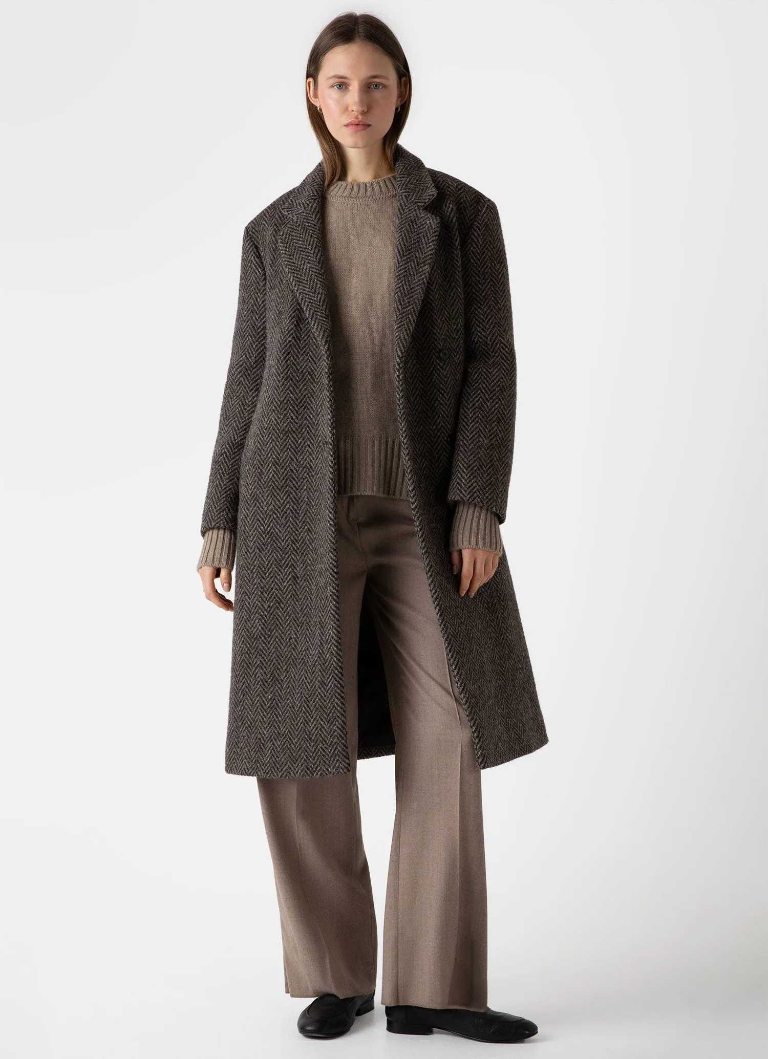 Women's British Wool Coat in Brown Herringbone sold by Sunspel