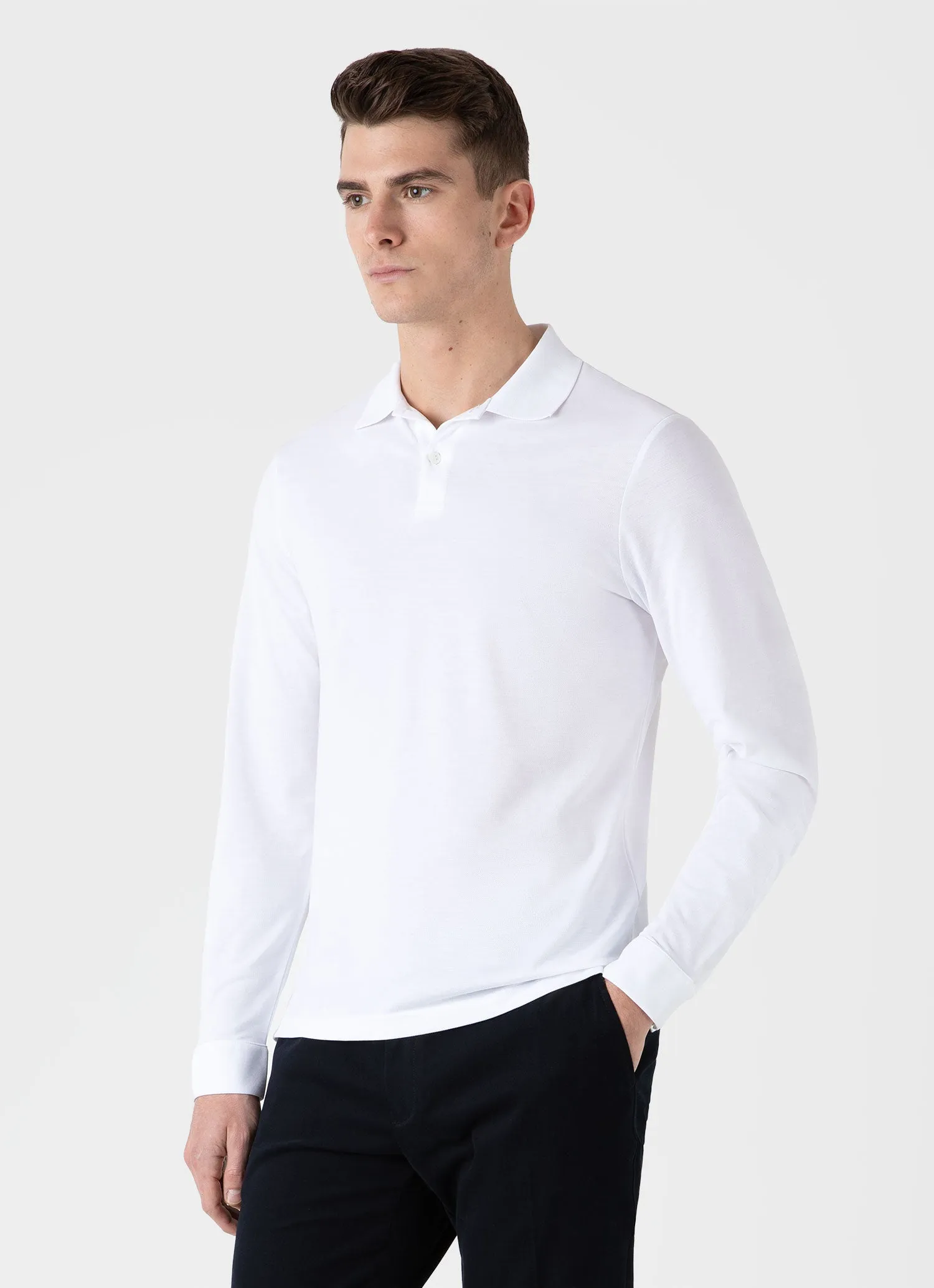 Men's Long Sleeve Piqué Polo Shirt in White sold by Sunspel product image thumbnail 2