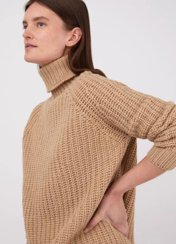 Women's Chunky Roll Neck Jumper in Light Camel sold by Sunspel
