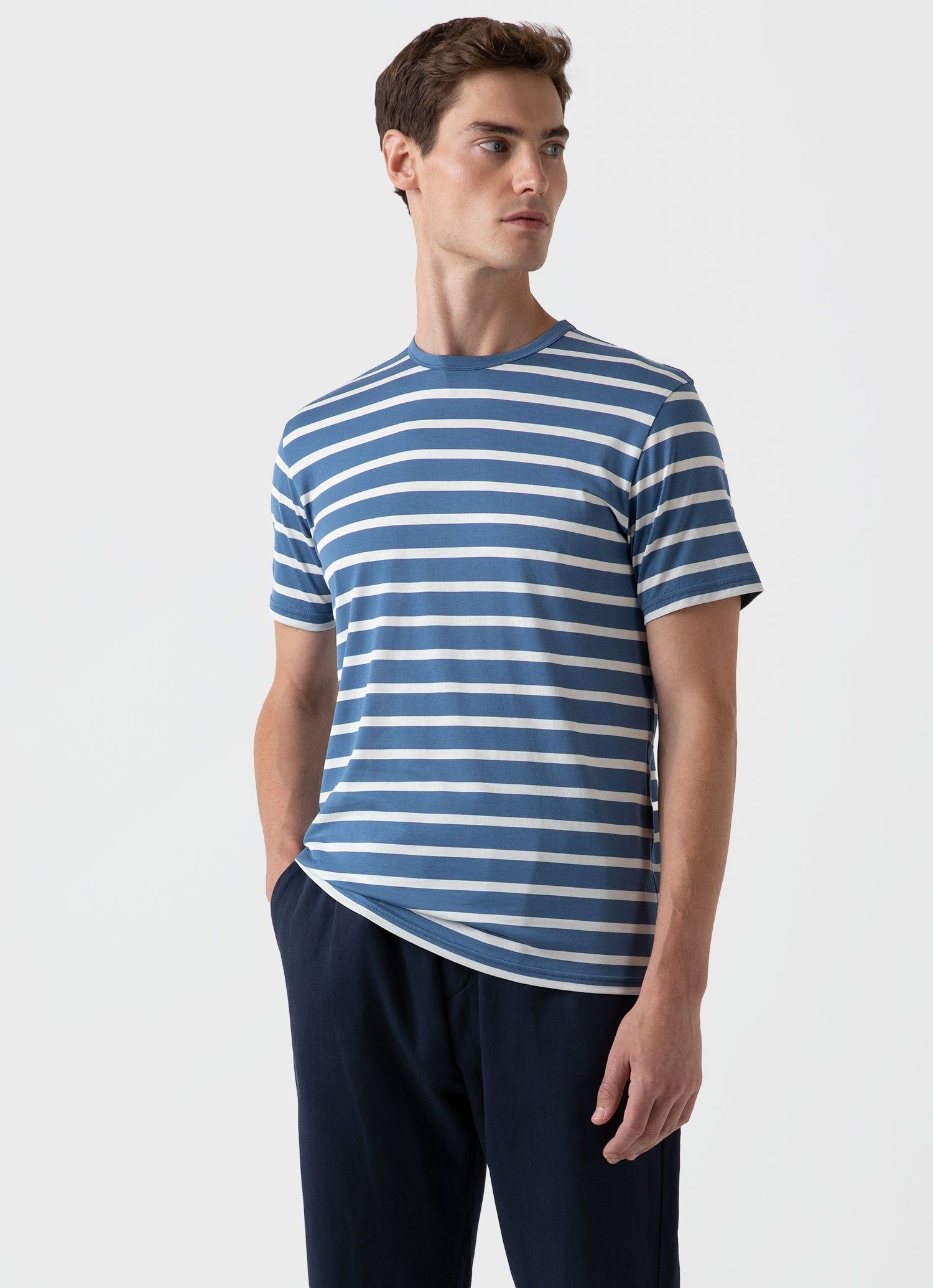 Men's Classic T-shirt in Bluestone/Ecru Breton Stripe sold by Sunspel product image thumbnail 2