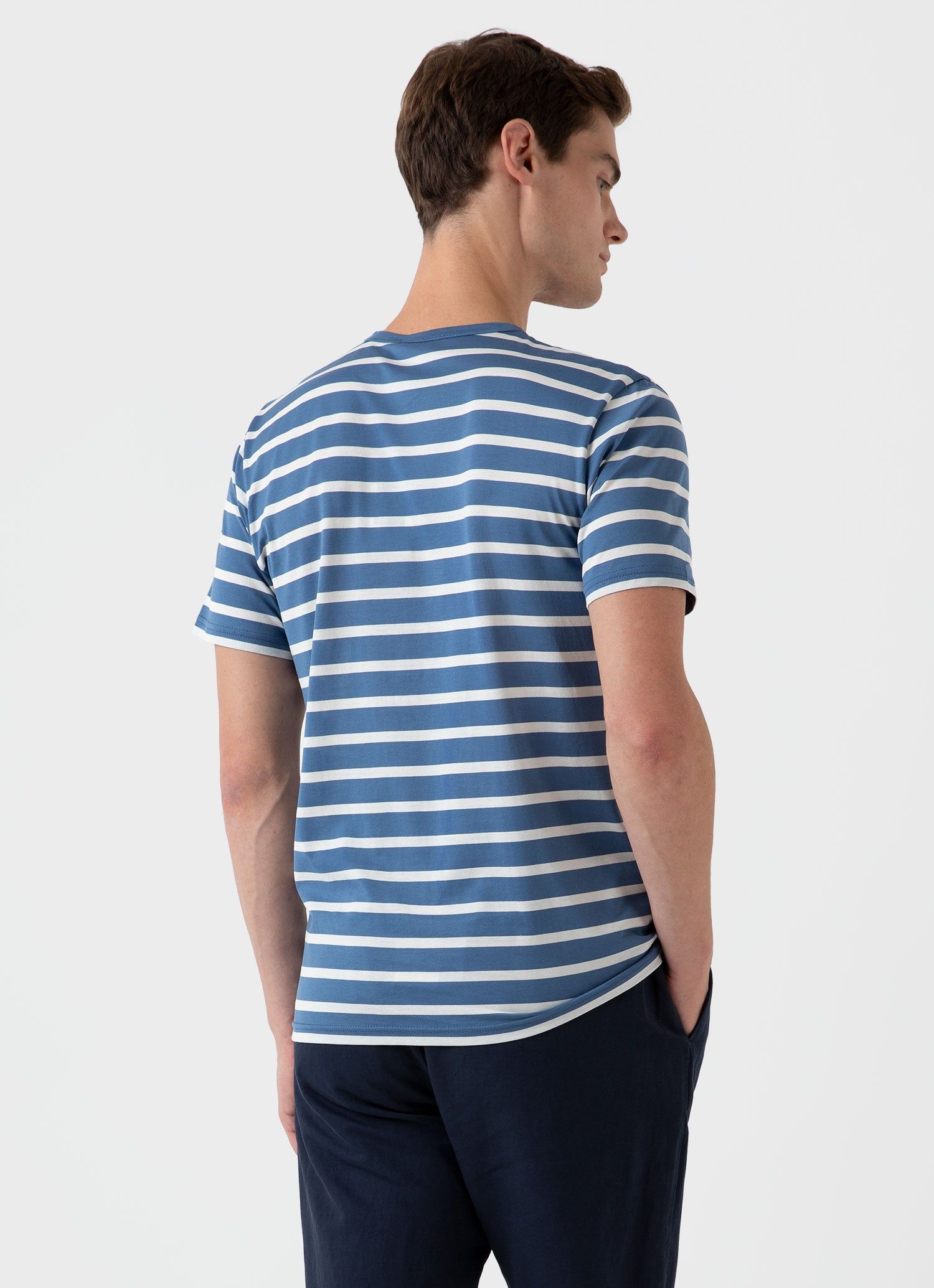 Men's Classic T-shirt in Bluestone/Ecru Breton Stripe sold by Sunspel product image thumbnail 4