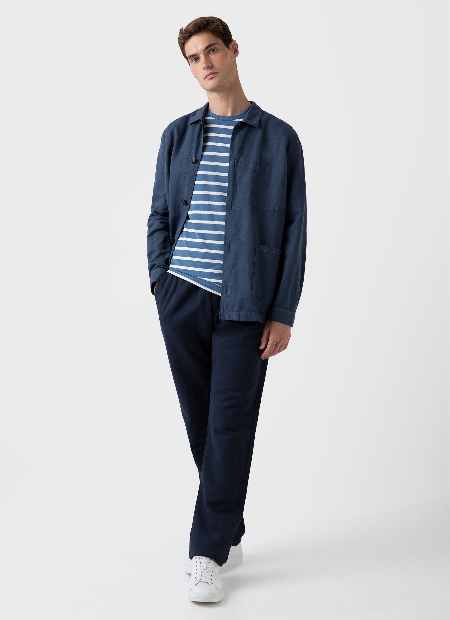 Men's Classic T-shirt in Bluestone/Ecru Breton Stripe sold by Sunspel product image thumbnail 3