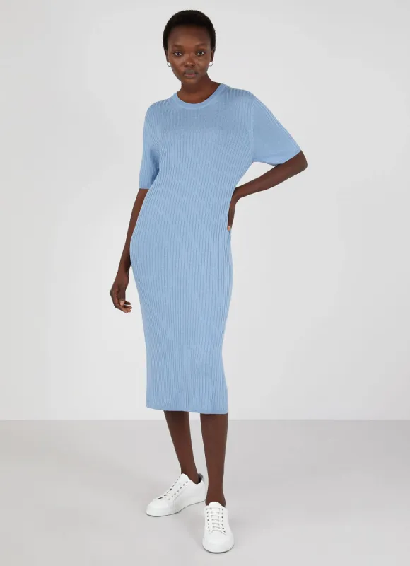 Women's Rib Crew Dress in Blue Mist sold by Sunspel