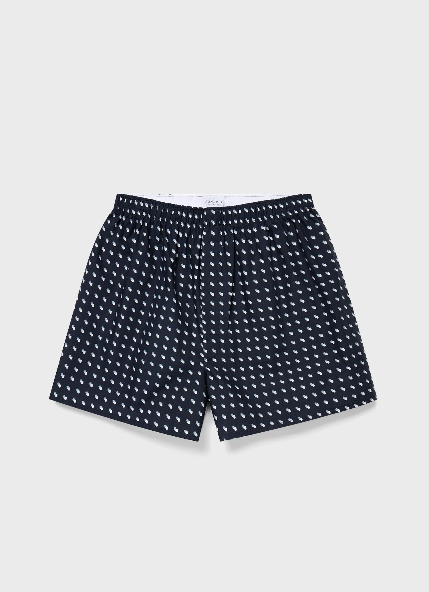 Men's Classic Boxer Shorts in Navy Sun & Clouds sold by Sunspel