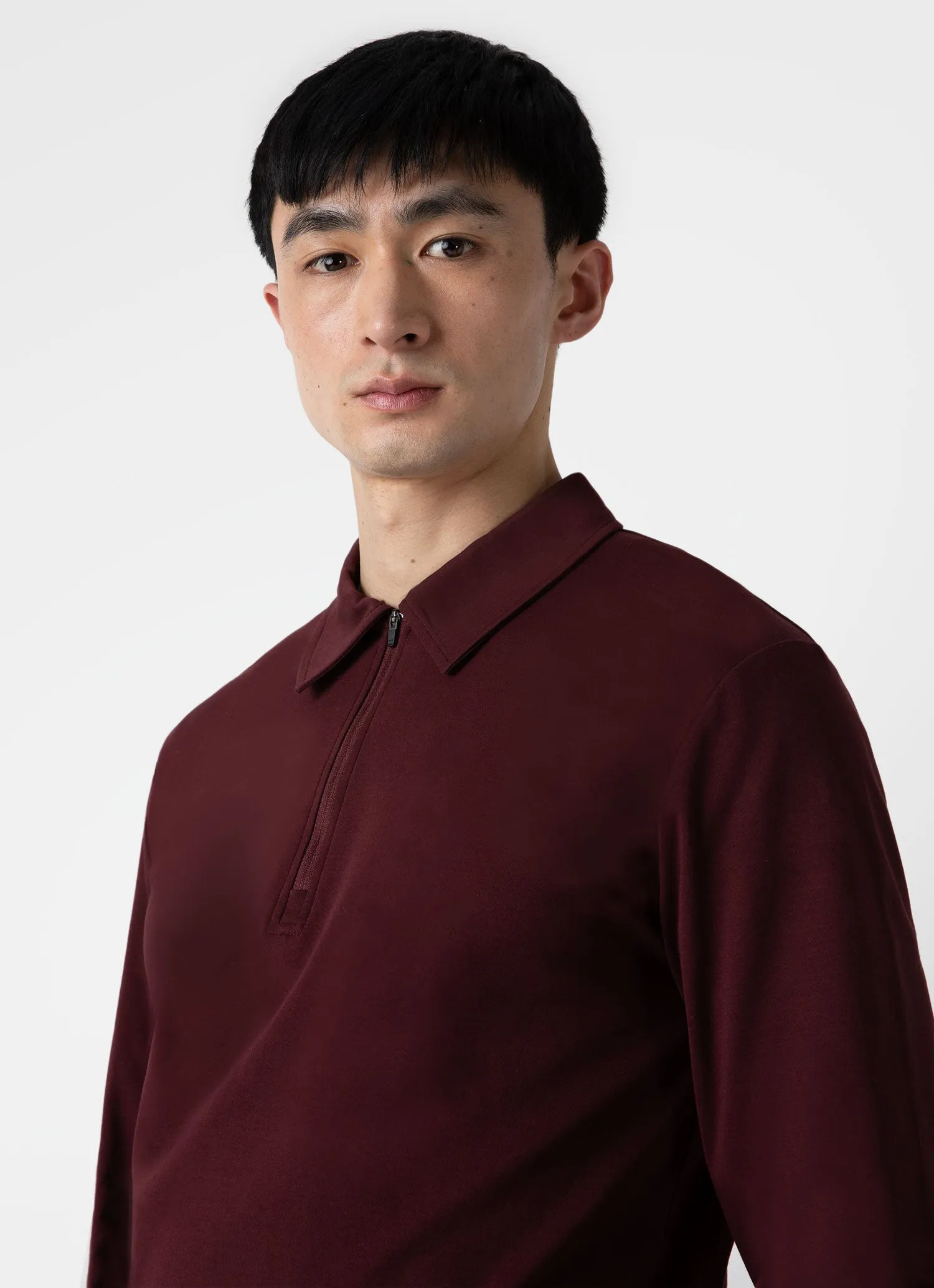 Men's Brushed Cotton Long Sleeve Polo Shirt in Maroon sold by Sunspel product image thumbnail 5