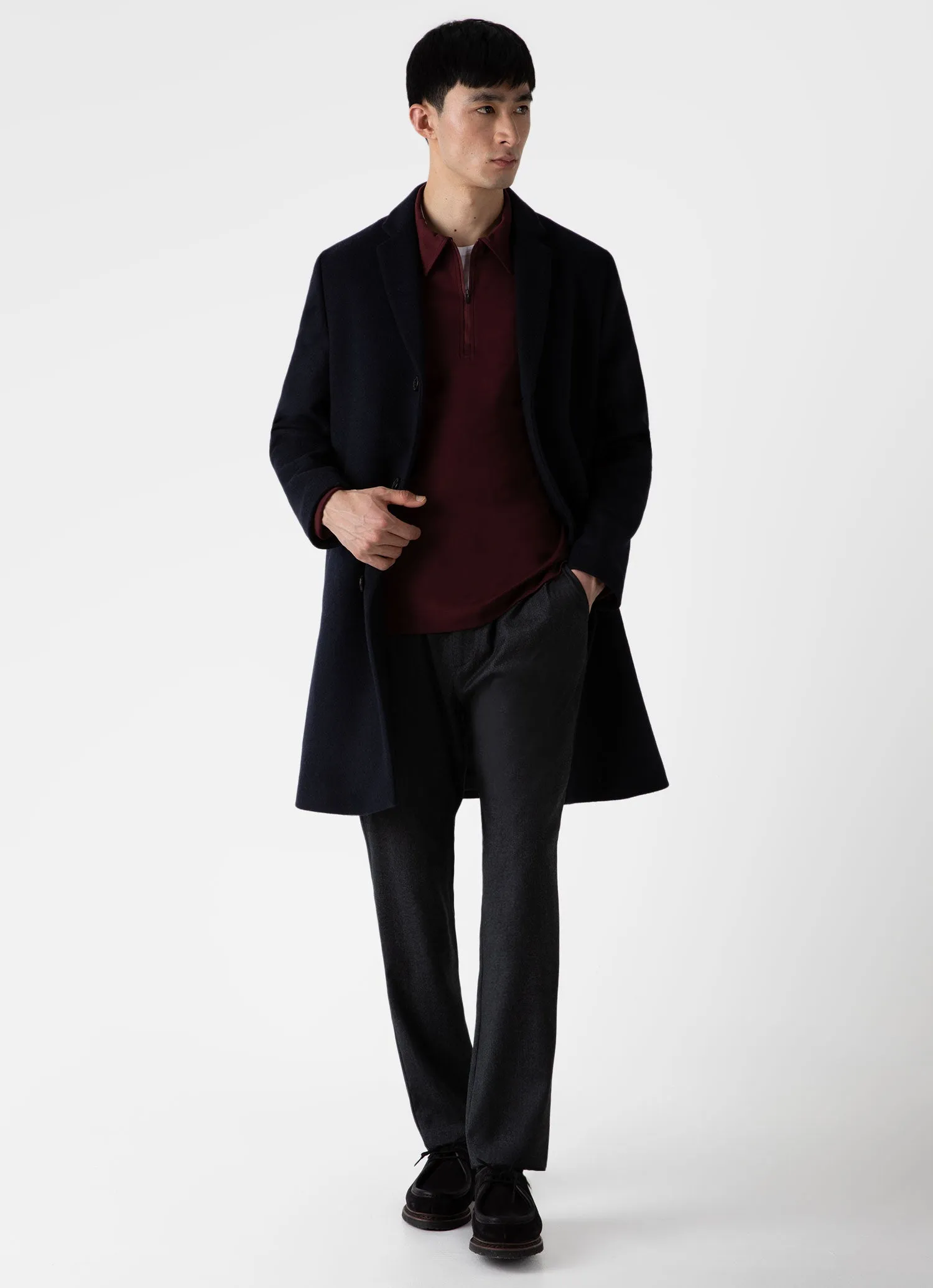 Men's Brushed Cotton Long Sleeve Polo Shirt in Maroon sold by Sunspel product image thumbnail 3