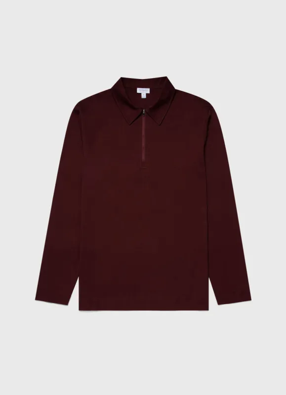 Men's Brushed Cotton Long Sleeve Polo Shirt in Maroon sold by Sunspel