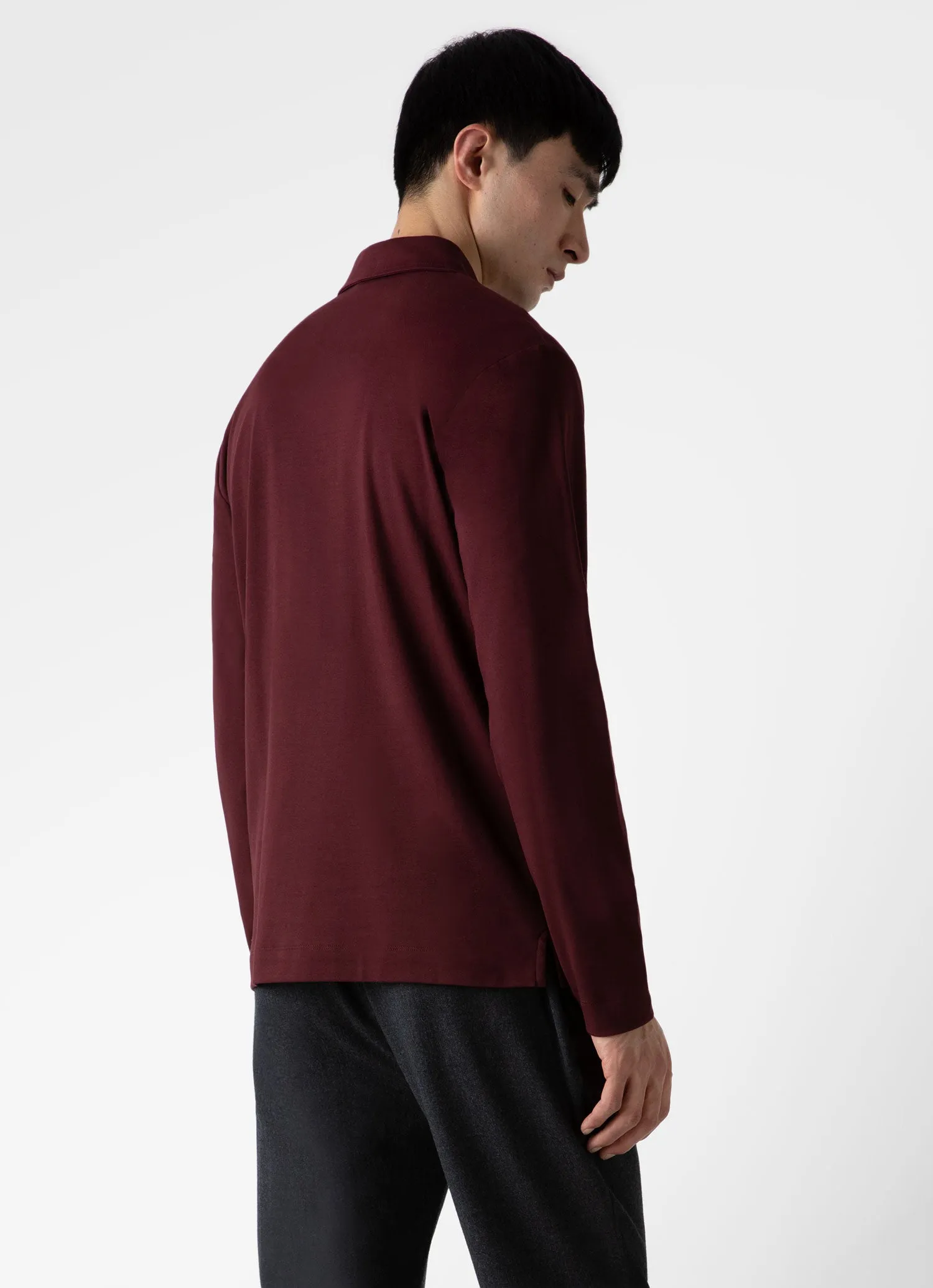 Men's Brushed Cotton Long Sleeve Polo Shirt in Maroon sold by Sunspel product image thumbnail 4