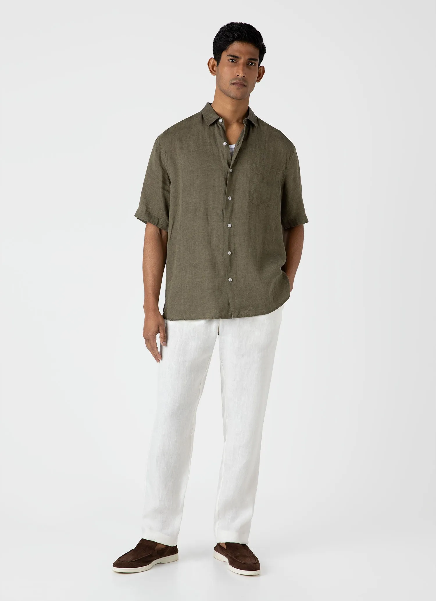 Men's Short Sleeve Linen Shirt in Khaki sold by Sunspel product image thumbnail 3