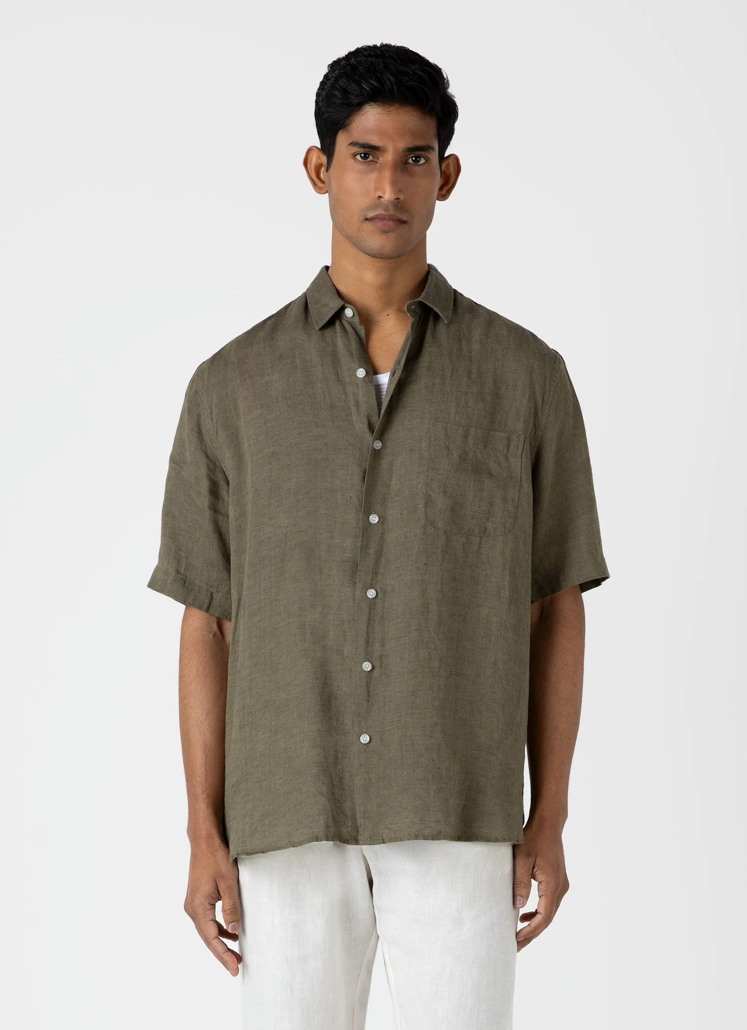Men's Short Sleeve Linen Shirt in Khaki sold by Sunspel product image thumbnail 2