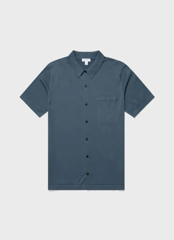 Men's Sea Island Cotton Knit Shirt in Dark Petrol sold by Sunspel