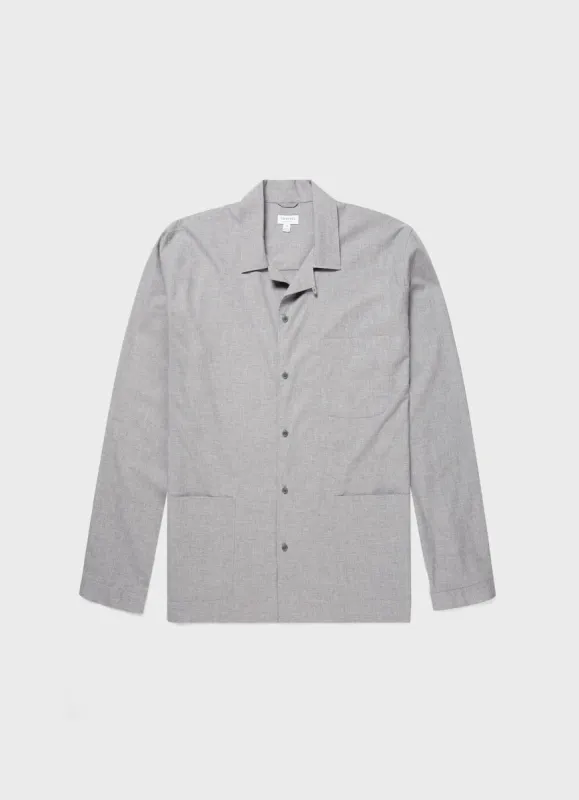 Men's Cotton Flannel Pyjama Shirt in Mid Grey Melange made by Sunspel