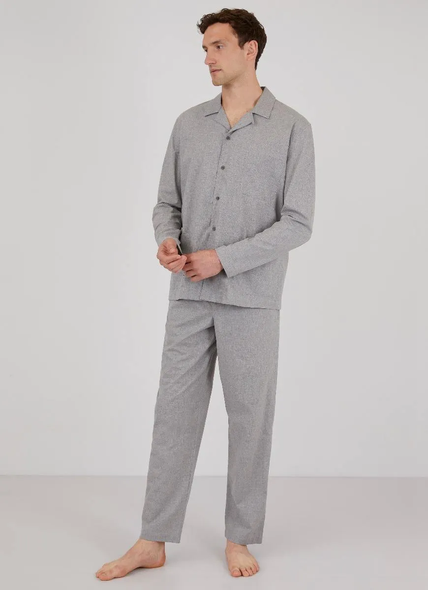 Men's Cotton Flannel Pyjama Shirt in Mid Grey Melange sold by Sunspel product image thumbnail 3