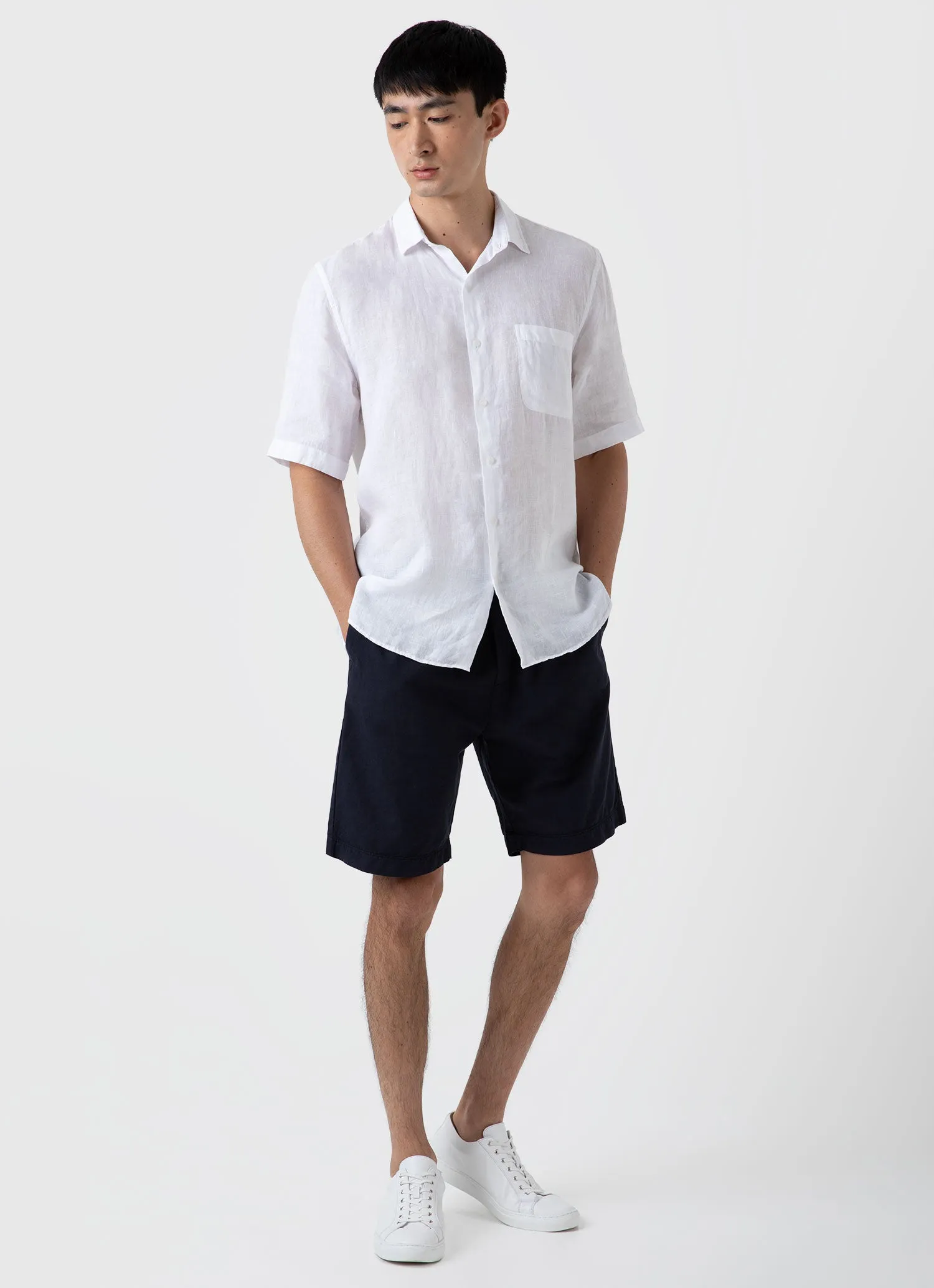 Men's Cotton Linen Drawstring Shorts in Navy sold by Sunspel product image thumbnail 3