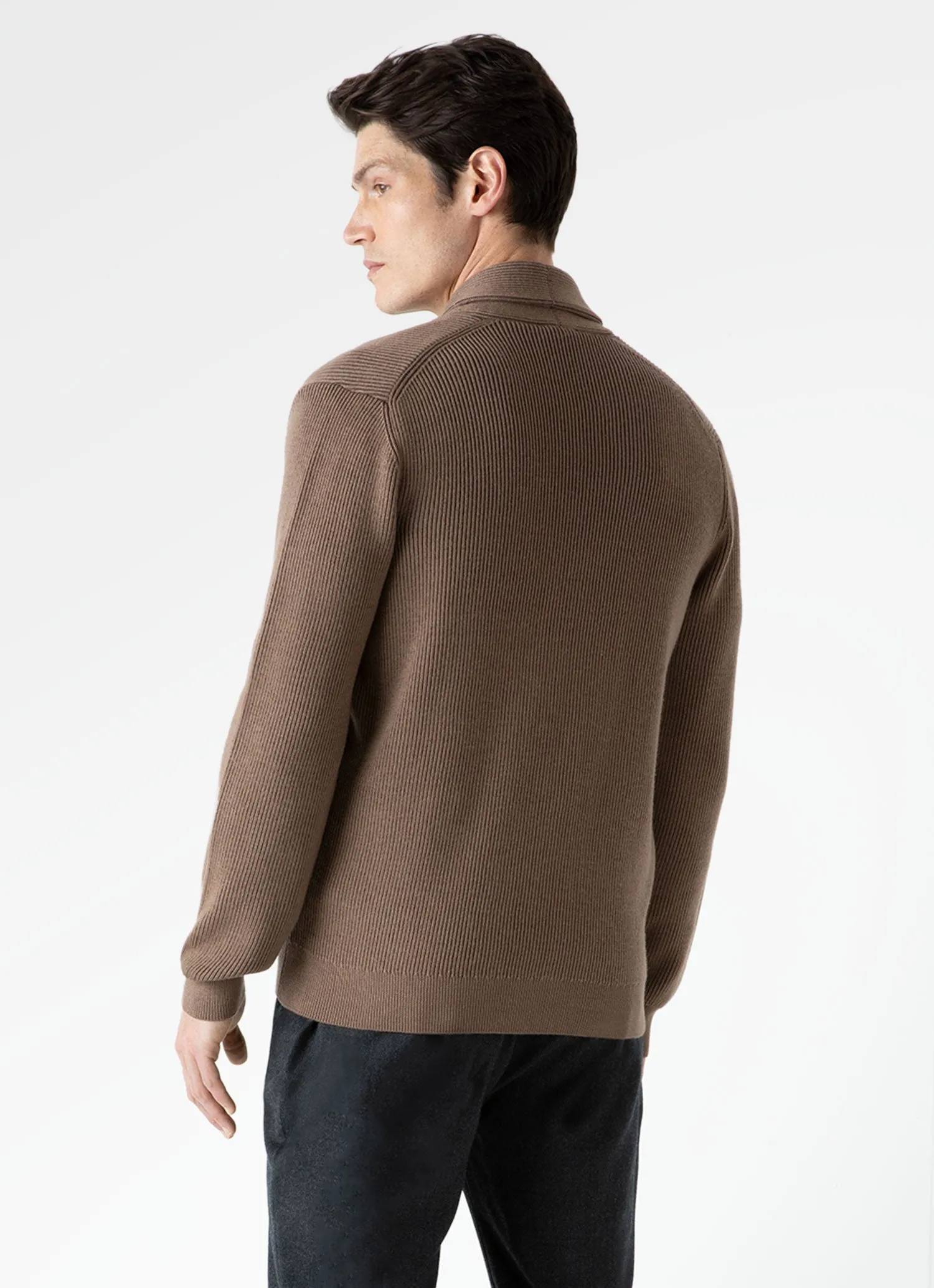 Men's Ribbed Shawl Neck Cardigan in Cedar sold by Sunspel product image thumbnail 4