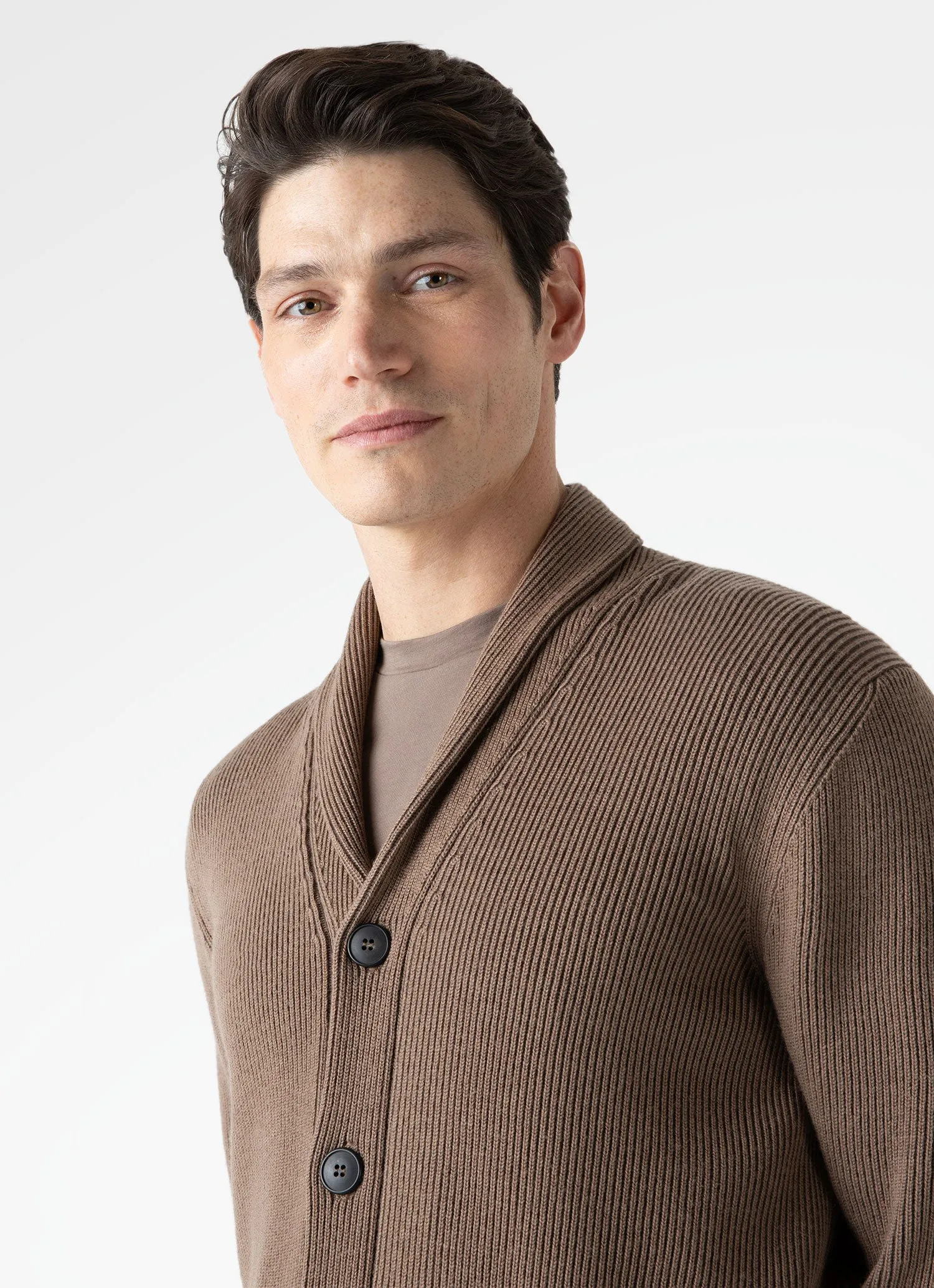 Men's Ribbed Shawl Neck Cardigan in Cedar sold by Sunspel product image thumbnail 5