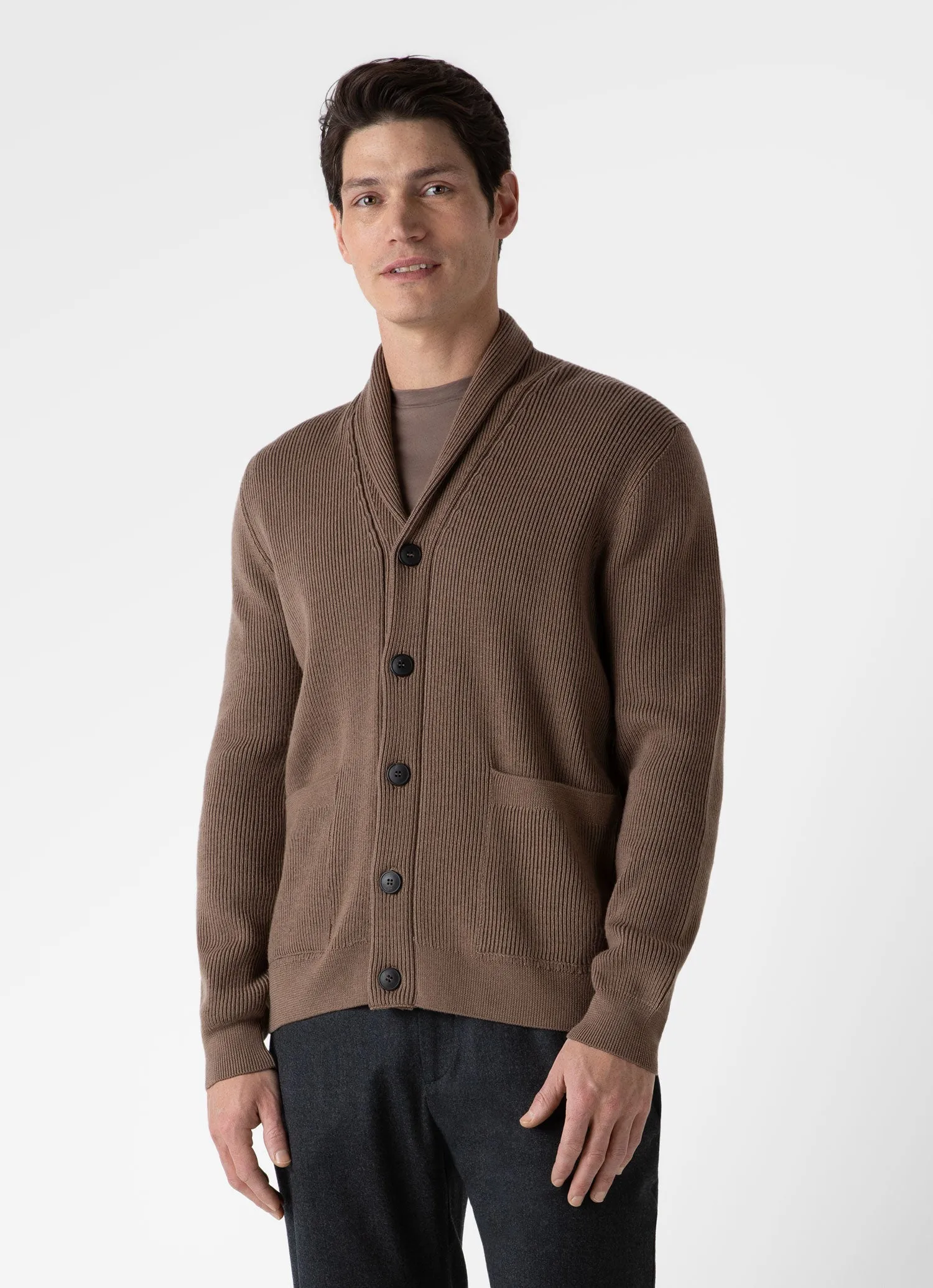Men's Ribbed Shawl Neck Cardigan in Cedar sold by Sunspel product image thumbnail 2