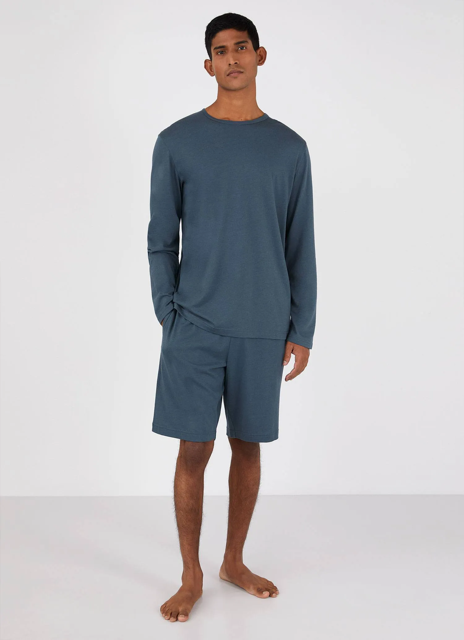 Men's Cotton Modal Lounge Long Sleeve T-shirt in Dark Petrol sold by Sunspel product image thumbnail 3