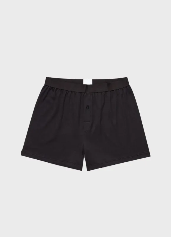 Men's Sea Island Cotton One-Button Boxer Shorts in Black sold by Sunspel