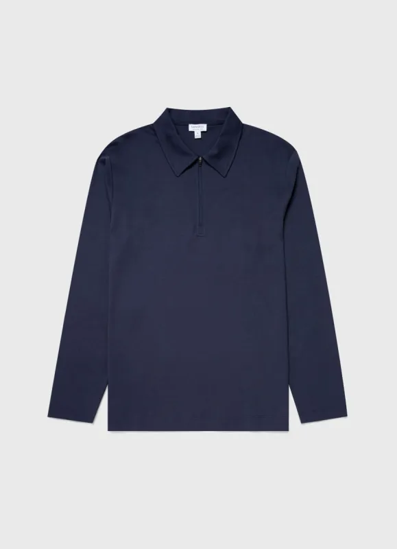 Men's Brushed Cotton Long Sleeve Polo Shirt in Navy sold by Sunspel