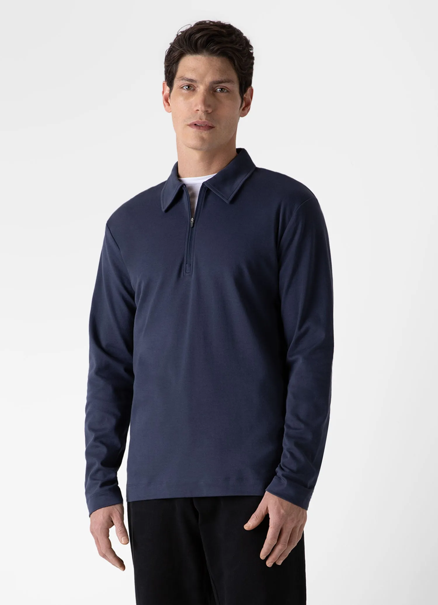 Men's Brushed Cotton Long Sleeve Polo Shirt in Navy sold by Sunspel product image thumbnail 2