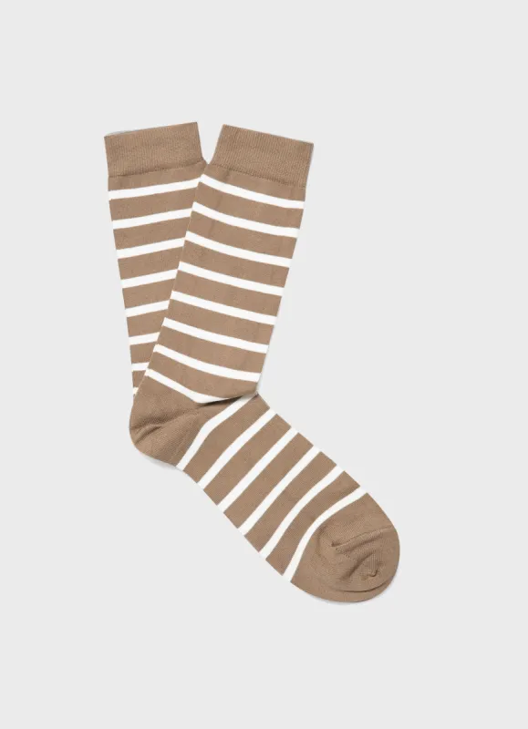 Men's Cotton Socks in Dark Stone/Ecru Breton Stripe sold by Sunspel