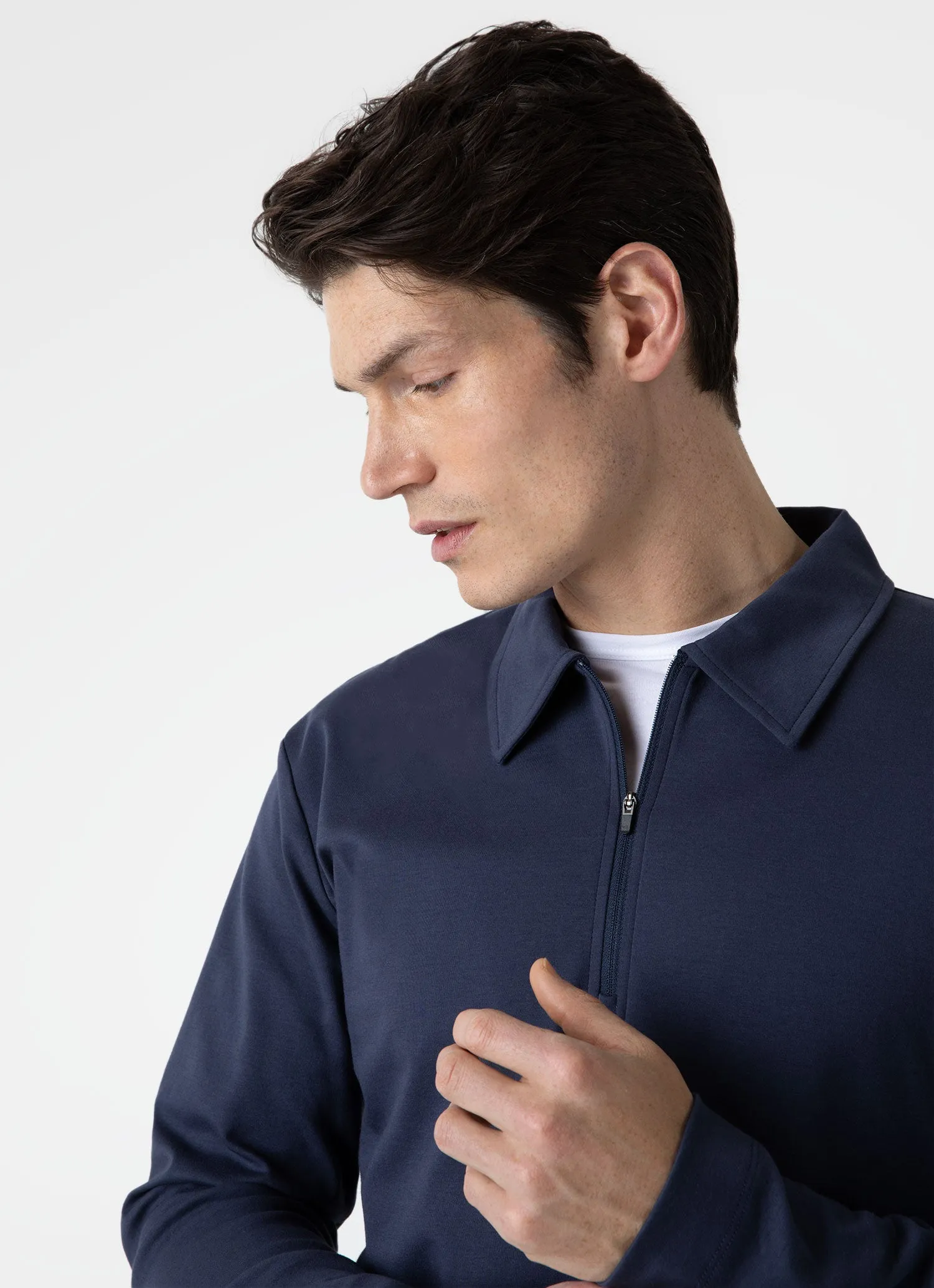 Men's Brushed Cotton Long Sleeve Polo Shirt in Navy sold by Sunspel product image thumbnail 5