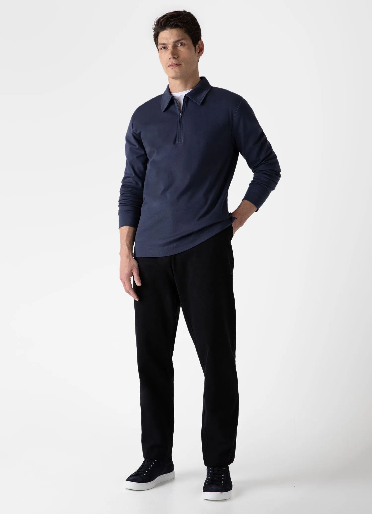 Men's Brushed Cotton Long Sleeve Polo Shirt in Navy sold by Sunspel product image thumbnail 3