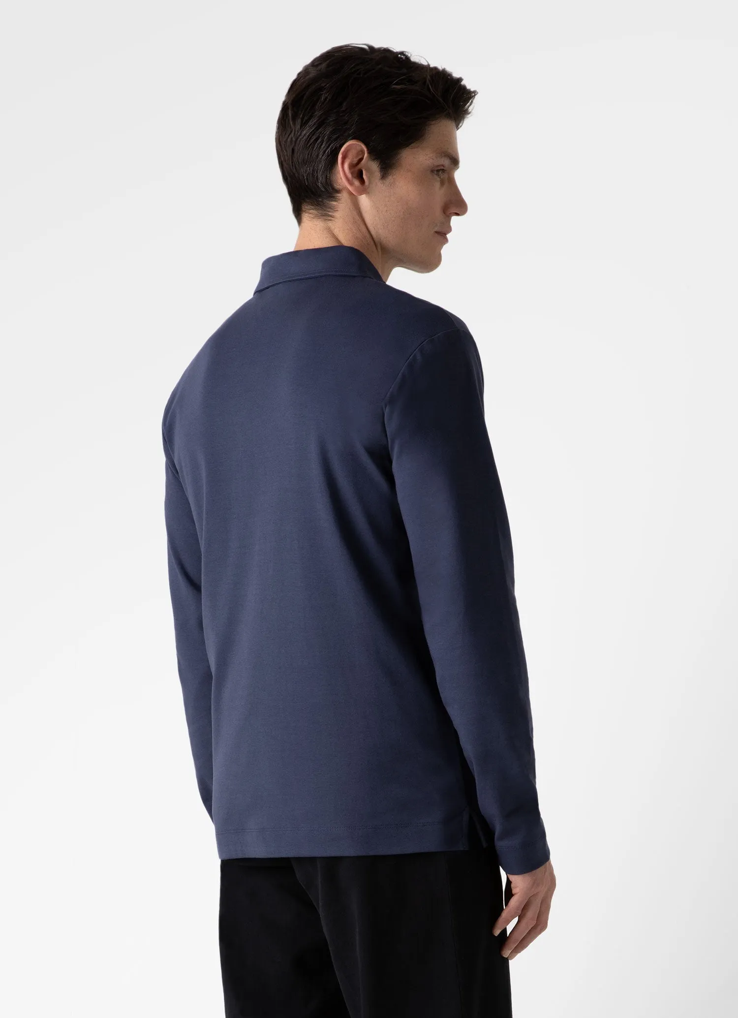 Men's Brushed Cotton Long Sleeve Polo Shirt in Navy sold by Sunspel product image thumbnail 4