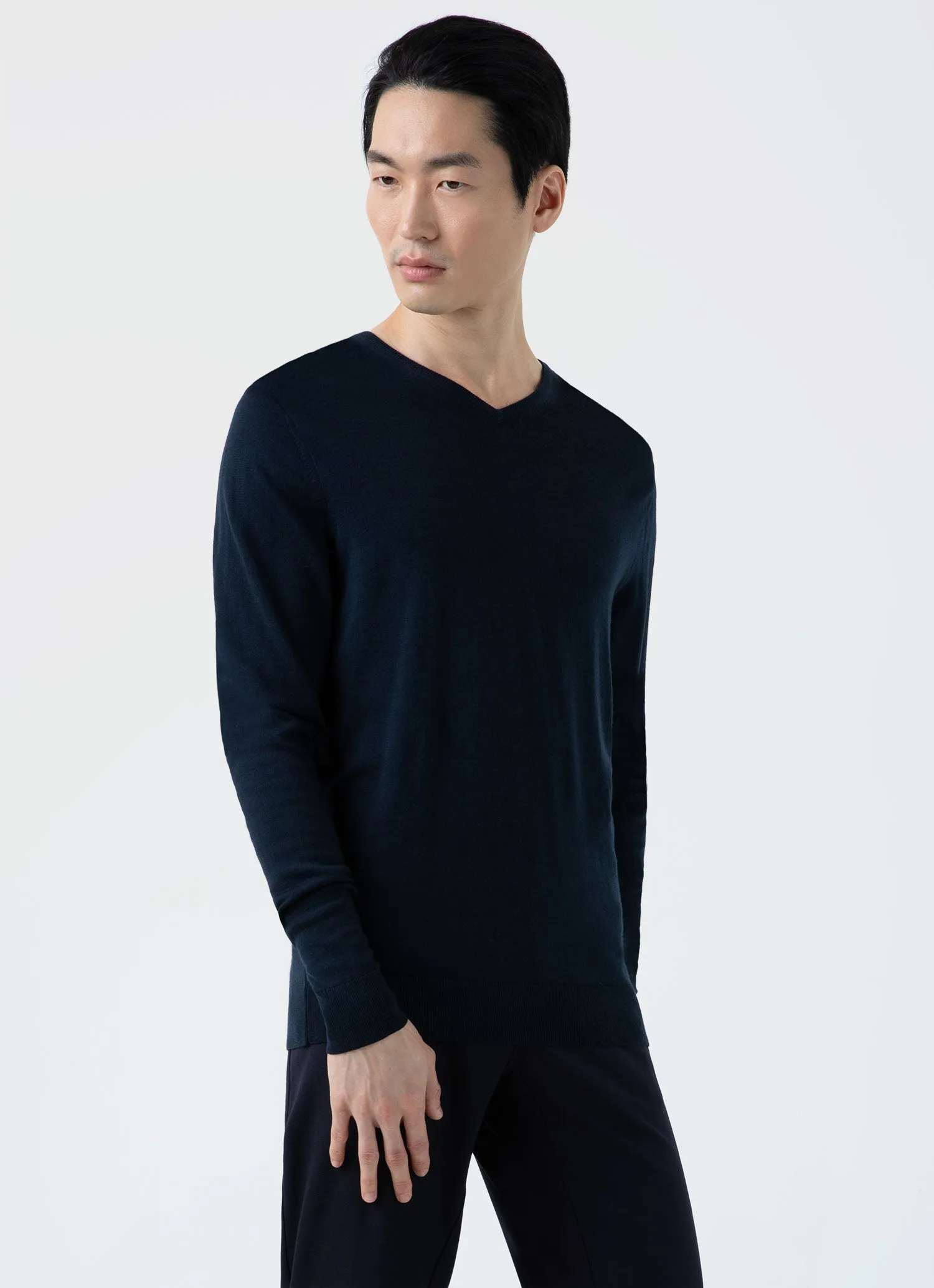 Men's Extra-Fine Merino V-neck in Light Navy sold by Sunspel product image thumbnail 2