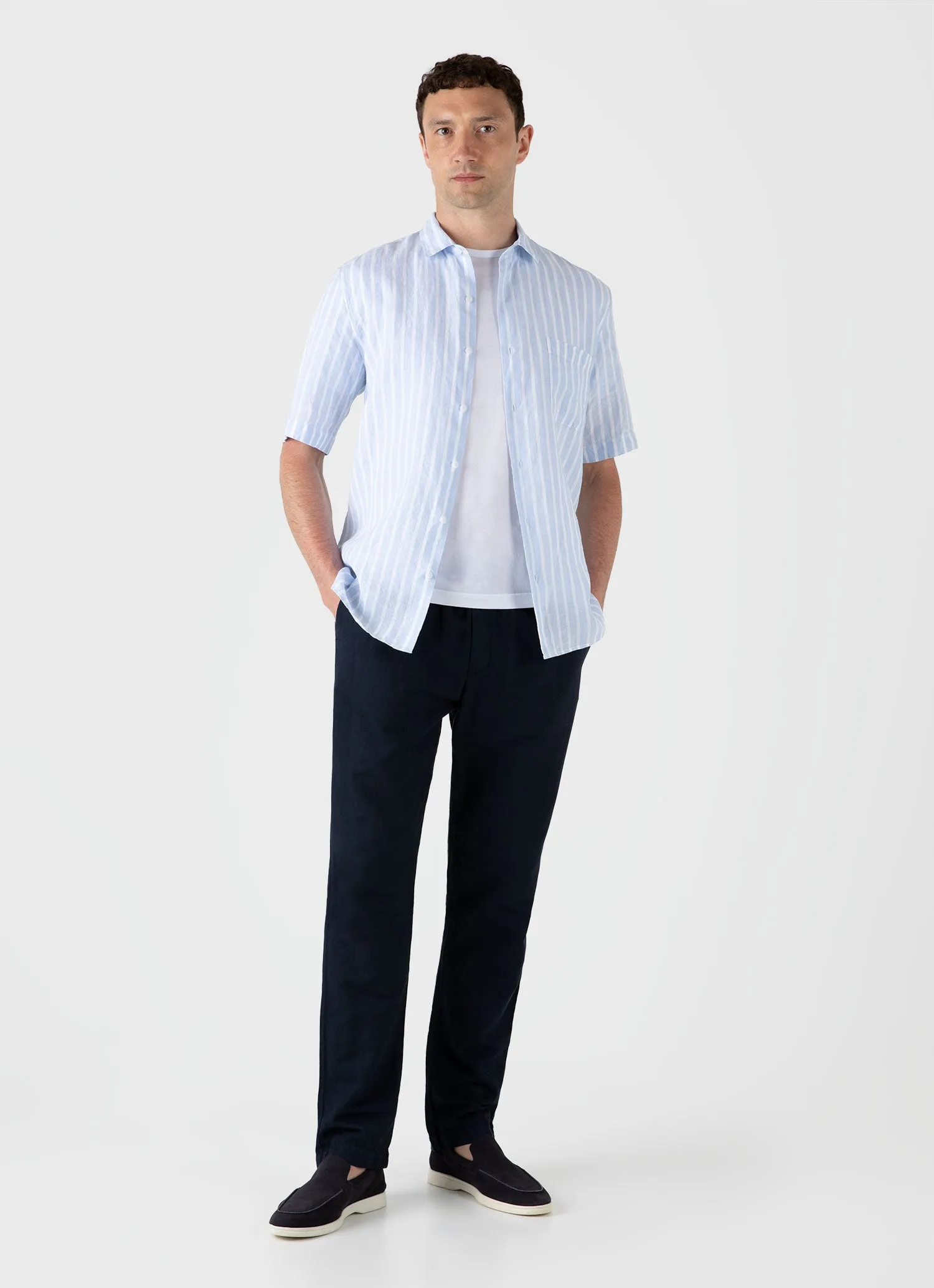 Men's Short Sleeve Linen Shirt in Light Blue/White sold by Sunspel product image thumbnail 3