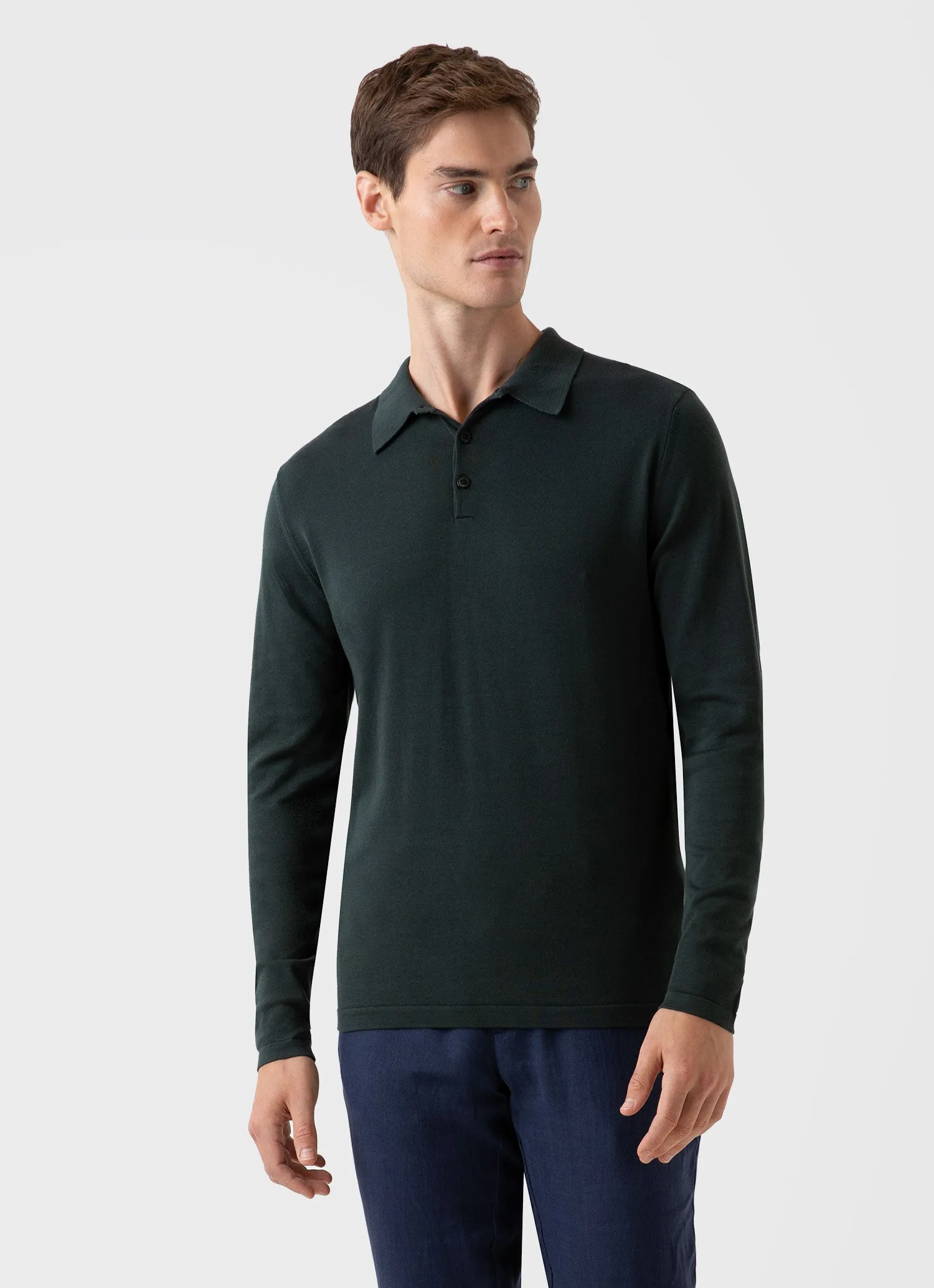 Men's Sea Island Cotton Long Sleeve Polo Shirt in Seaweed sold by Sunspel product image thumbnail 2
