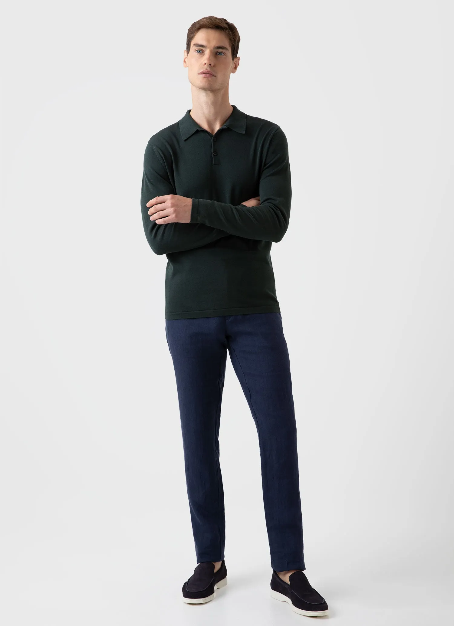 Men's Sea Island Cotton Long Sleeve Polo Shirt in Seaweed sold by Sunspel product image thumbnail 3