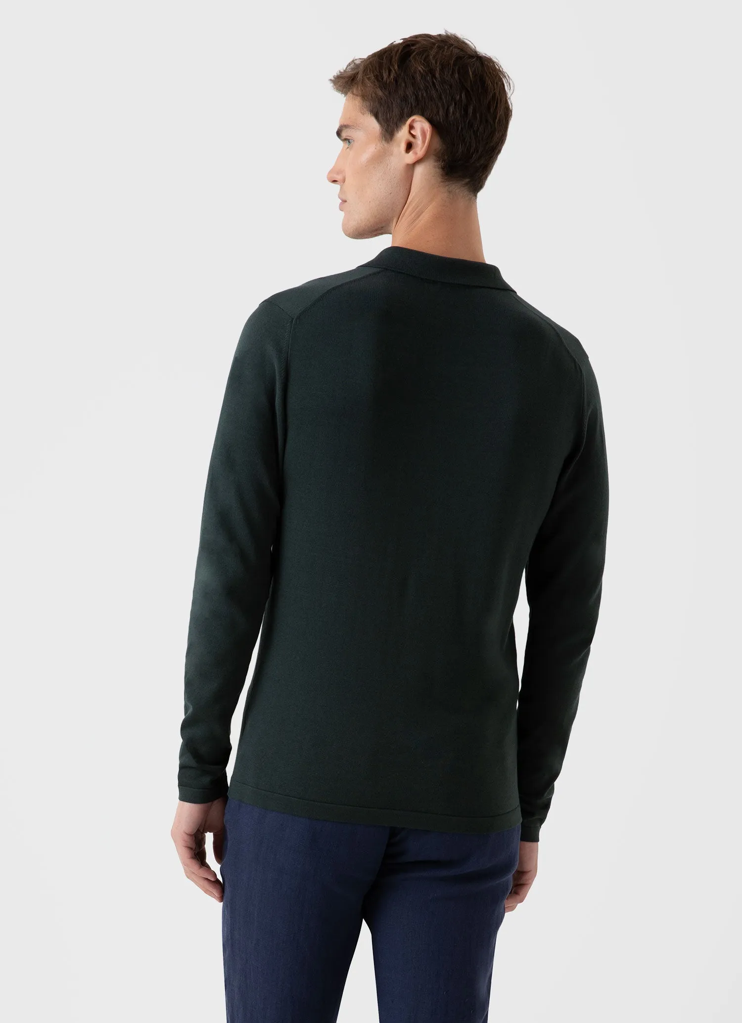 Men's Sea Island Cotton Long Sleeve Polo Shirt in Seaweed sold by Sunspel product image thumbnail 4
