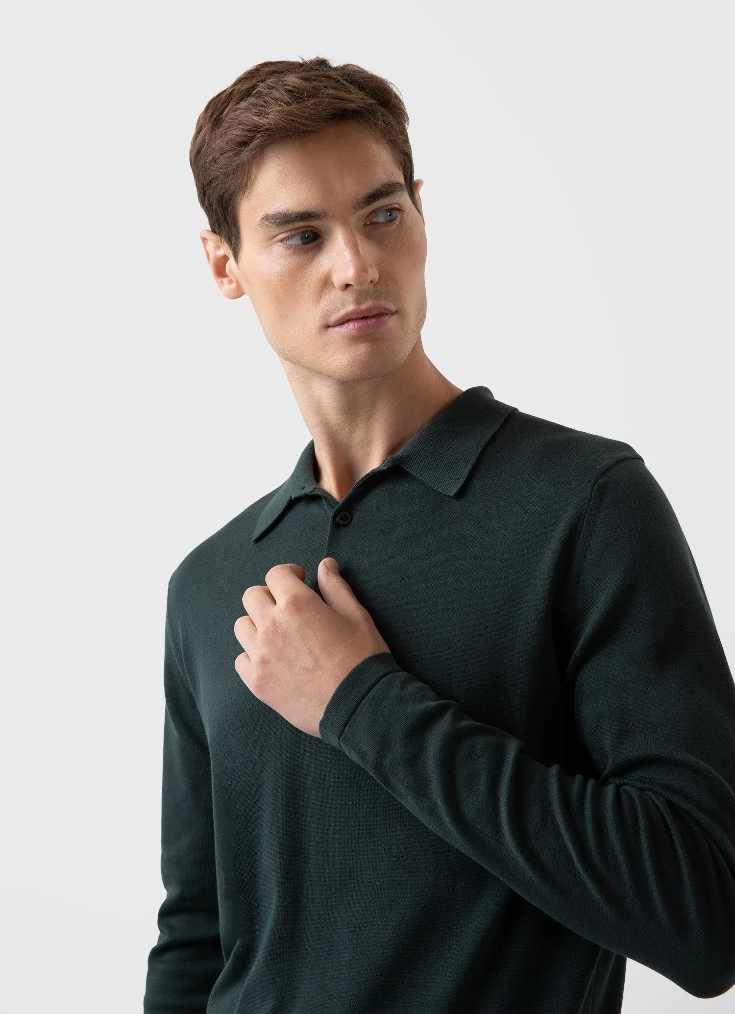 Men's Sea Island Cotton Long Sleeve Polo Shirt in Seaweed sold by Sunspel product image thumbnail 5