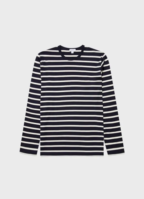 Men's Long Sleeve Classic T-shirt in Navy/Ecru Breton Stripe sold by Sunspel