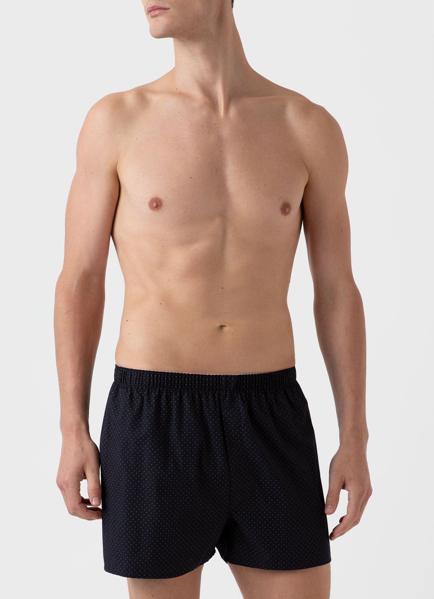 Men's Classic Print Boxer Shorts in Navy Mini Dots sold by Sunspel product image thumbnail 2