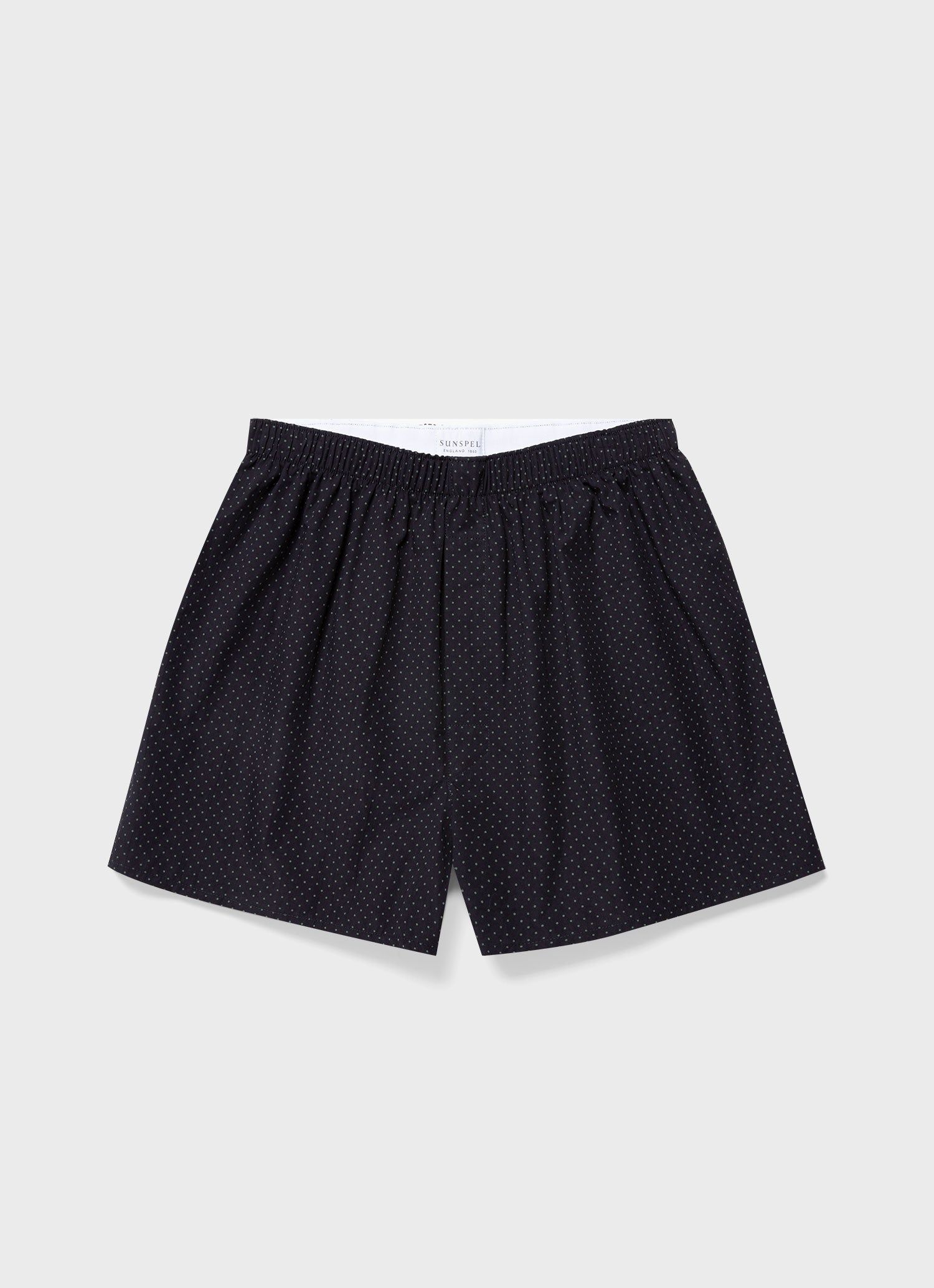 Men's Classic Print Boxer Shorts in Navy Mini Dots sold by Sunspel