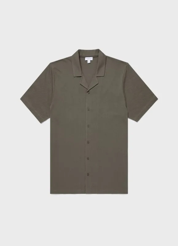 Men's Riviera Camp Collar Shirt in Khaki sold by Sunspel