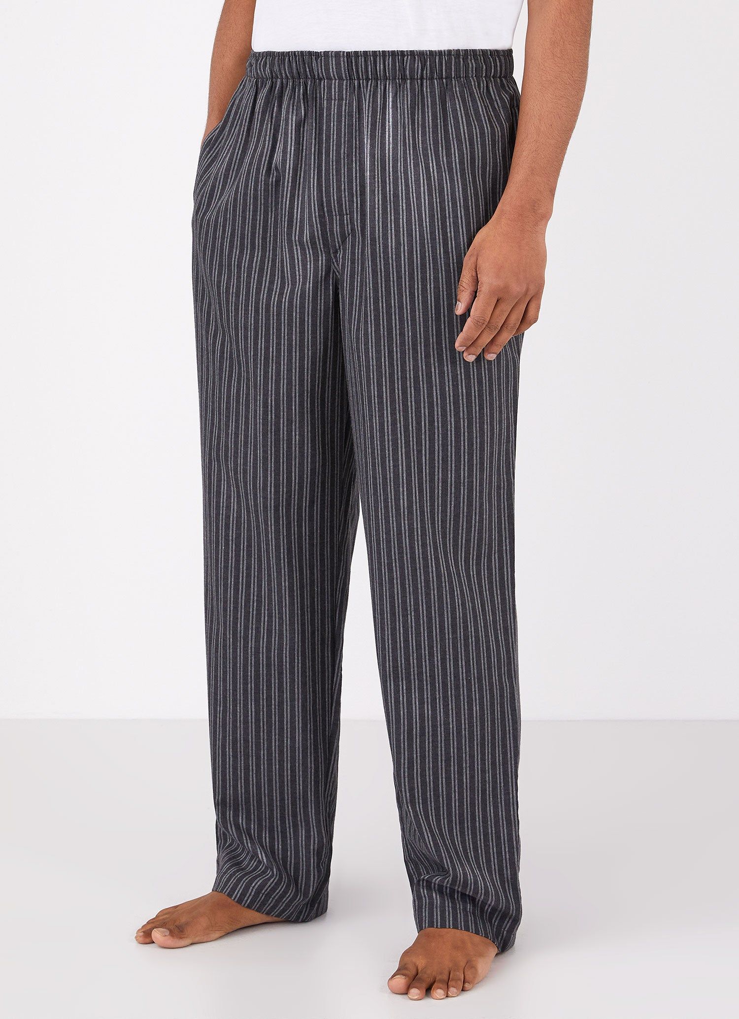Men's Cotton Flannel Pyjama Trouser in Charcoal/Mid Grey Stripe sold by Sunspel product image thumbnail 2