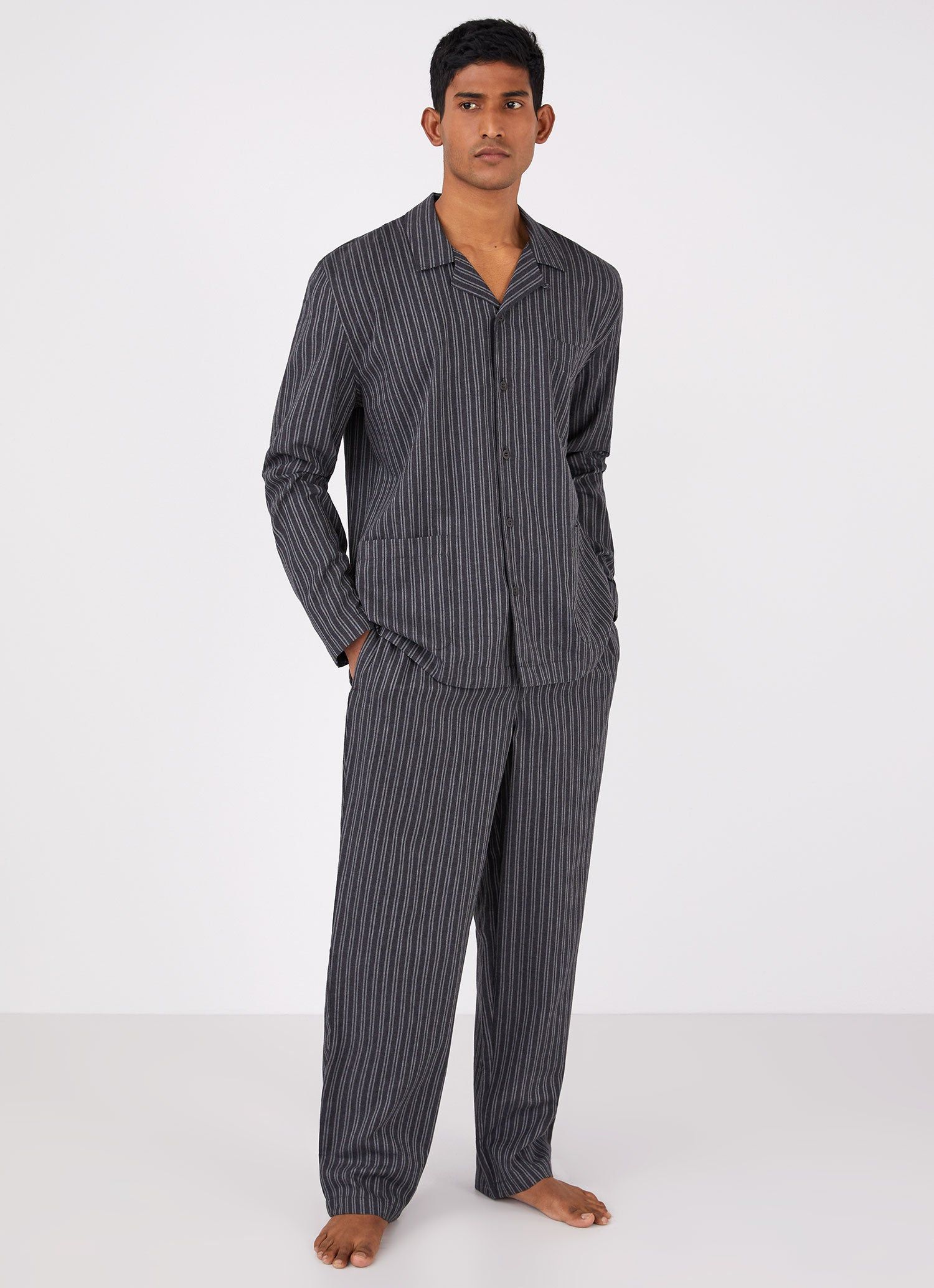 Men's Cotton Flannel Pyjama Trouser in Charcoal/Mid Grey Stripe sold by Sunspel product image thumbnail 3